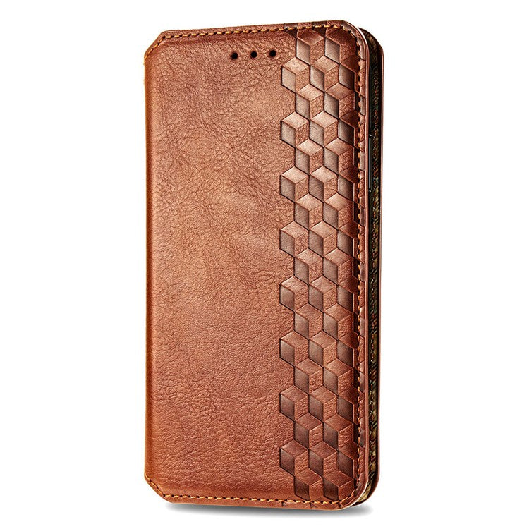 For Asus Zenfone 10 5G Magnetic Case PU Leather Rhombus Imprinted Anti-drop Phone Wallet Cover - Brown