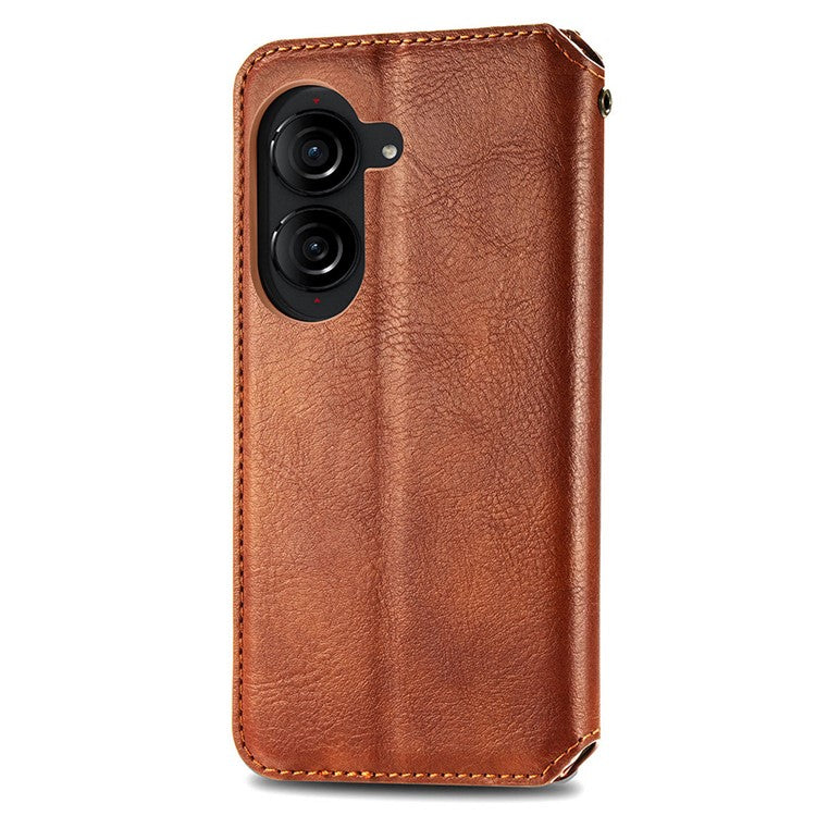 For Asus Zenfone 10 5G Magnetic Case PU Leather Rhombus Imprinted Anti-drop Phone Wallet Cover - Brown