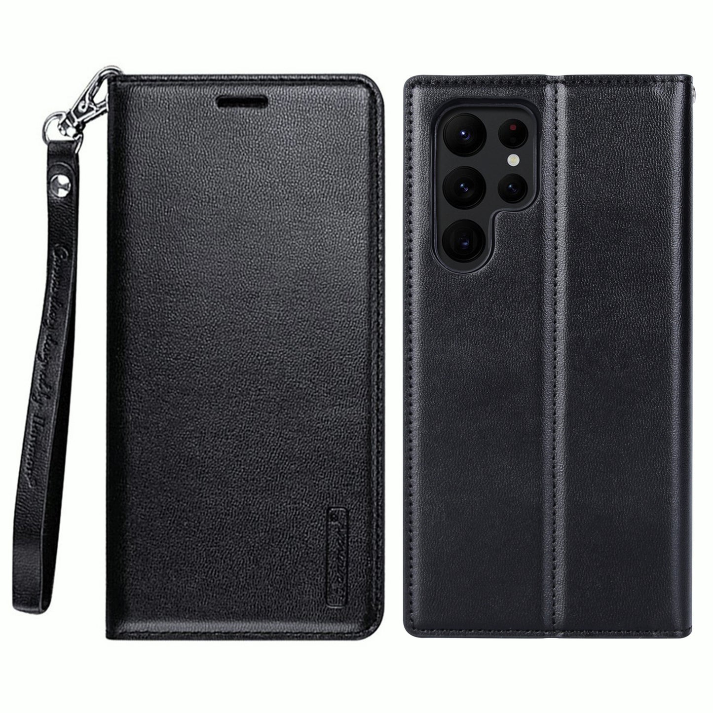 HANMAN Minuo Series For Samsung Galaxy S24 Ultra Magnetic Case PU Leather Wallet Phone Cover - Black