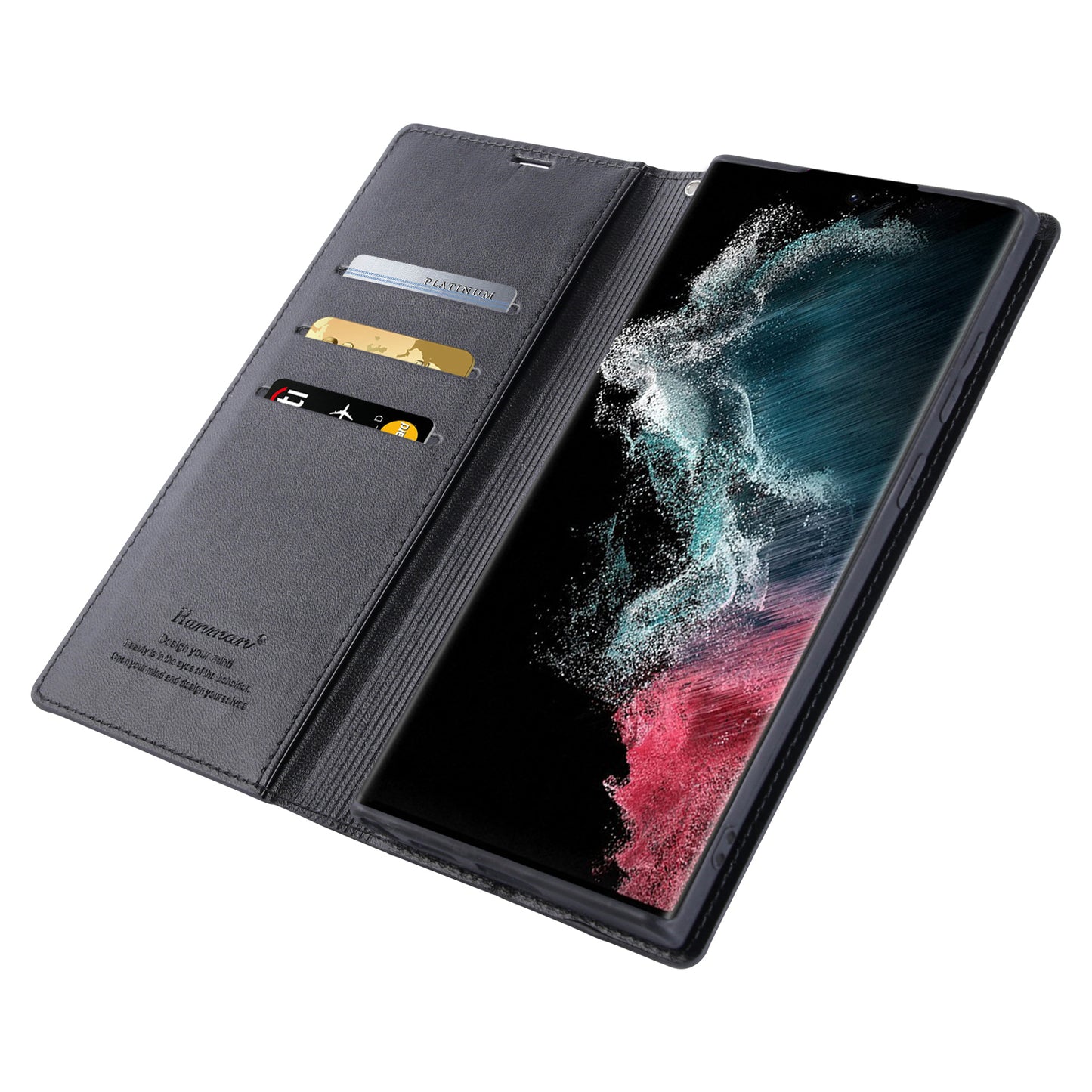 HANMAN Minuo Series For Samsung Galaxy S24 Ultra Magnetic Case PU Leather Wallet Phone Cover - Black