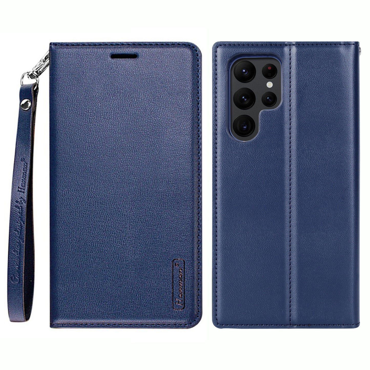 HANMAN Minuo Series For Samsung Galaxy S24 Ultra Magnetic Case PU Leather Wallet Phone Cover - Blue