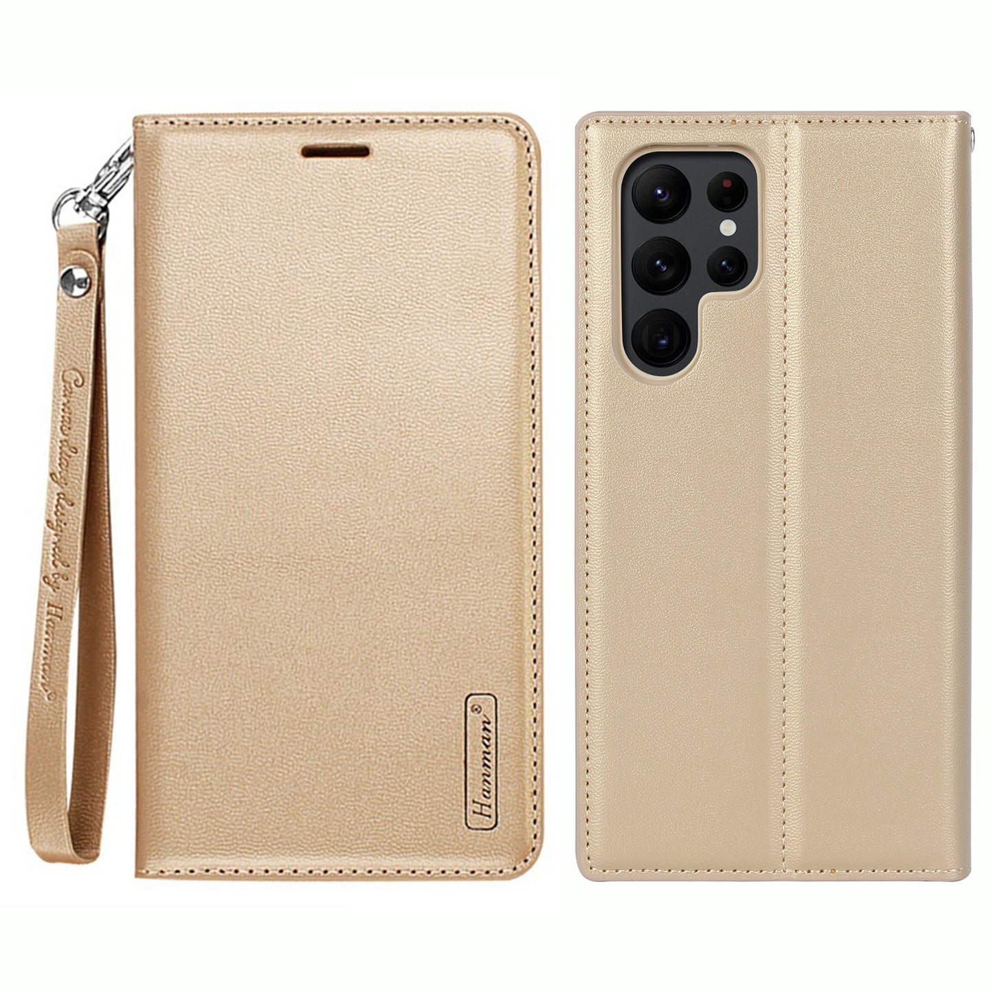 HANMAN Minuo Series For Samsung Galaxy S24 Ultra Magnetic Case PU Leather Wallet Phone Cover - Gold