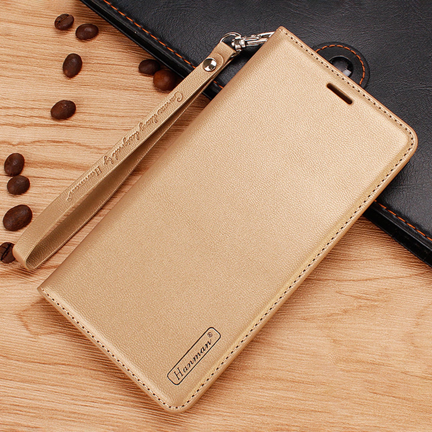HANMAN Minuo Series For Samsung Galaxy S24 Ultra Magnetic Case PU Leather Wallet Phone Cover - Gold