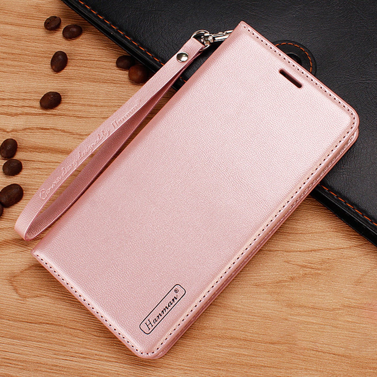 HANMAN Minuo Series For Samsung Galaxy S24 Ultra Magnetic Case PU Leather Wallet Phone Cover - Rose Gold