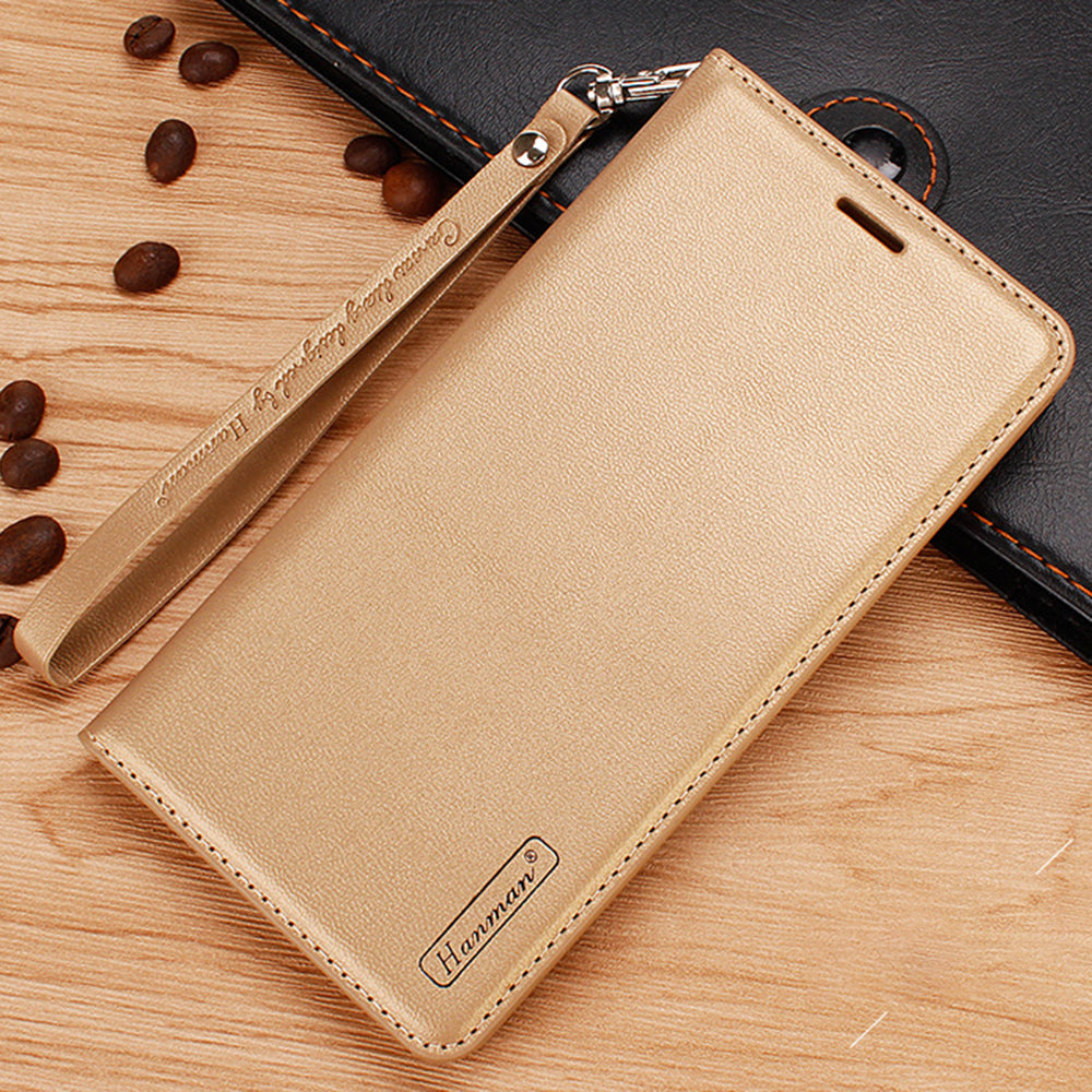 HANMAN Minuo Series Wallet Phone Cover for Samsung Galaxy S24 Case PU Leather Mobile Phone Shell - Gold