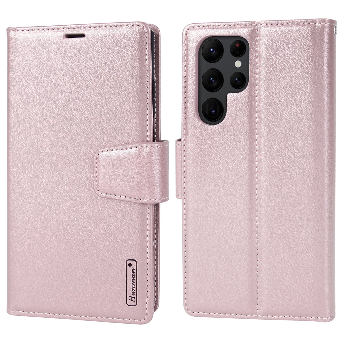 HANMAN Miro2 Series For Samsung Galaxy S24 Ultra Leather Case Detachable Magnetic Wallet Stand Phone Cover - Rose Gold