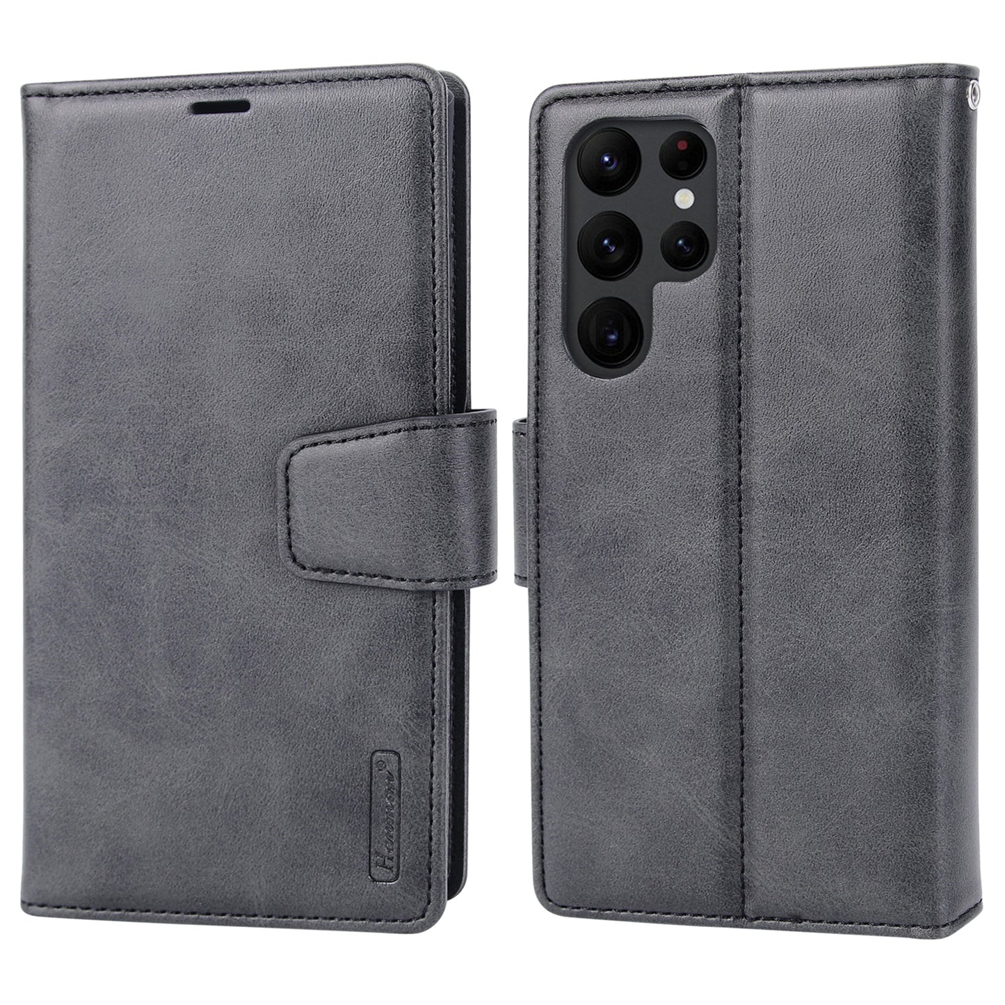 HANMAN Miro2 Series For Samsung Galaxy S24 Ultra Leather Case Detachable Magnetic Wallet Stand Phone Cover - Black