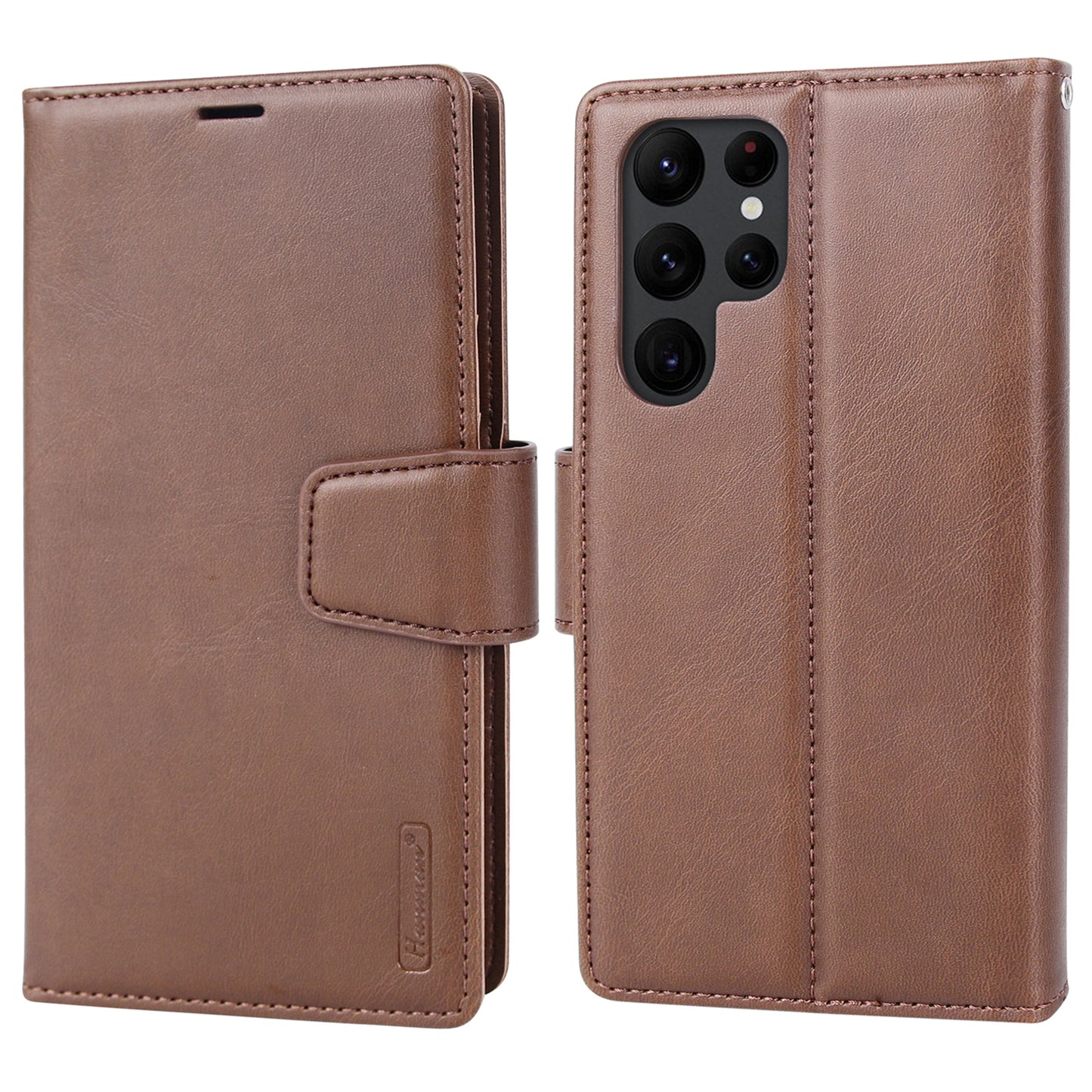 HANMAN Miro2 Series For Samsung Galaxy S24 Ultra Leather Case Detachable Magnetic Wallet Stand Phone Cover - Brown