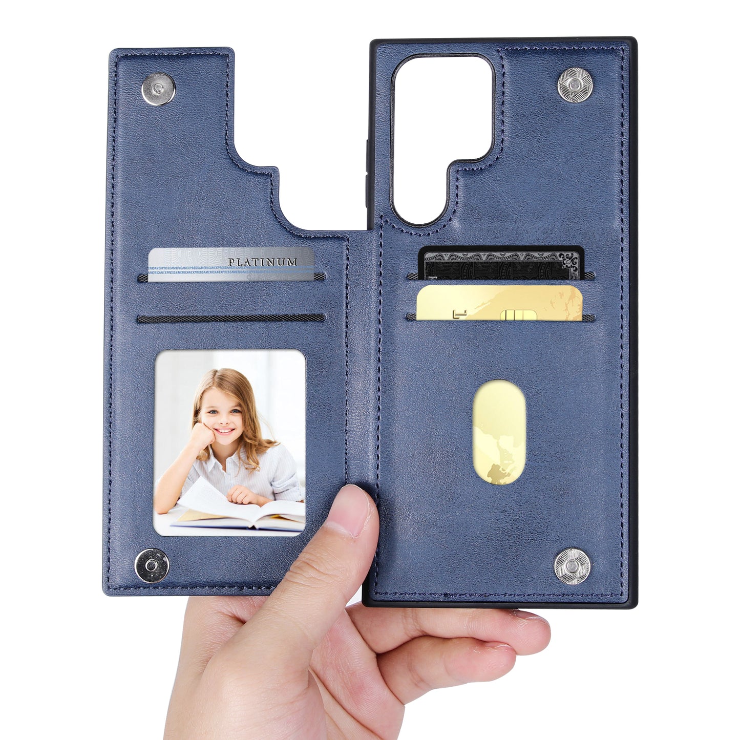 HANMAN Mika Series For Samsung Galaxy S24 Ultra Case with Card Holder PU Leather Coated TPU Back Cover - Blue
