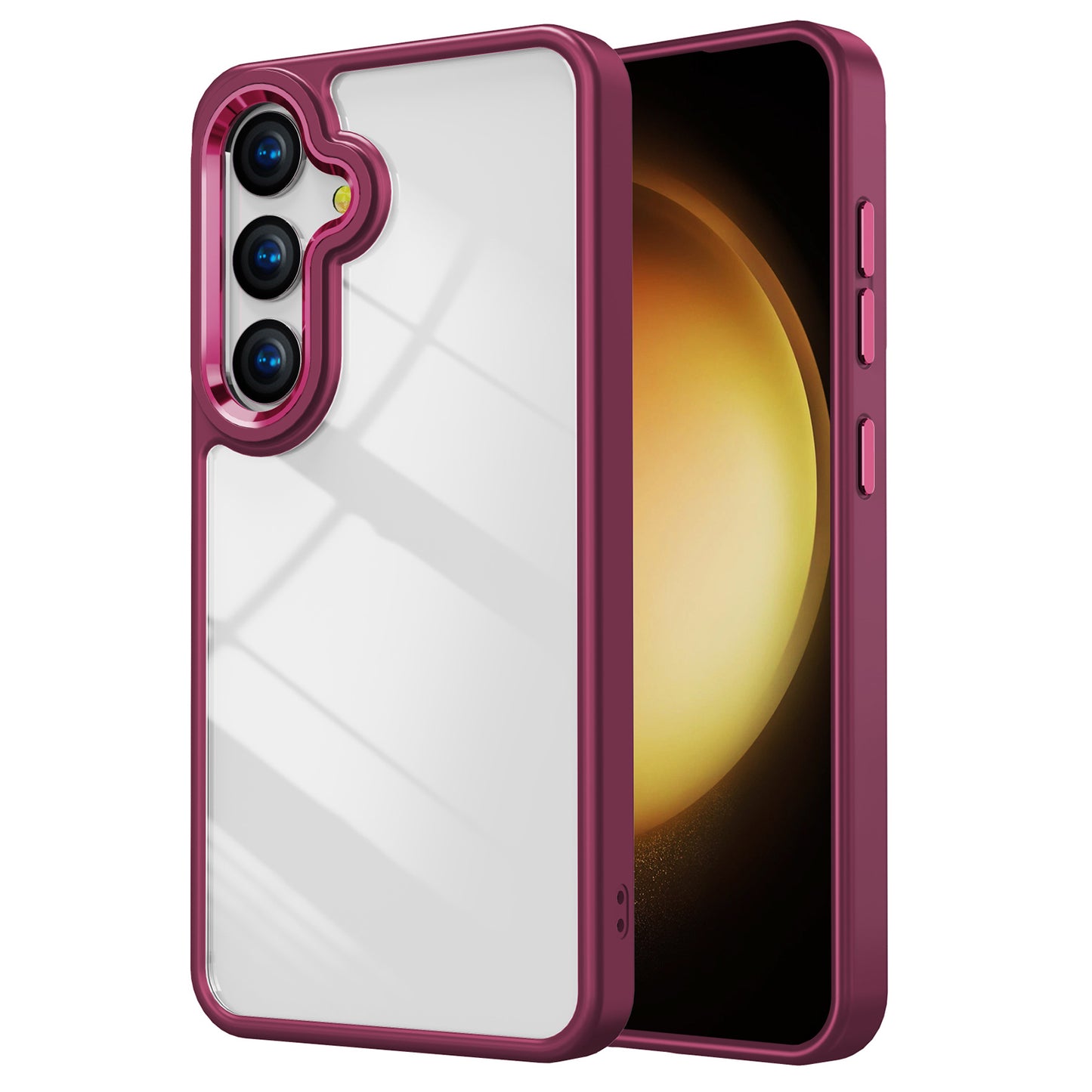 For Samsung Galaxy S24+ Cell Phone Case TPU+Acrylic Clear Cover with Metal Button Cover - Cherry
