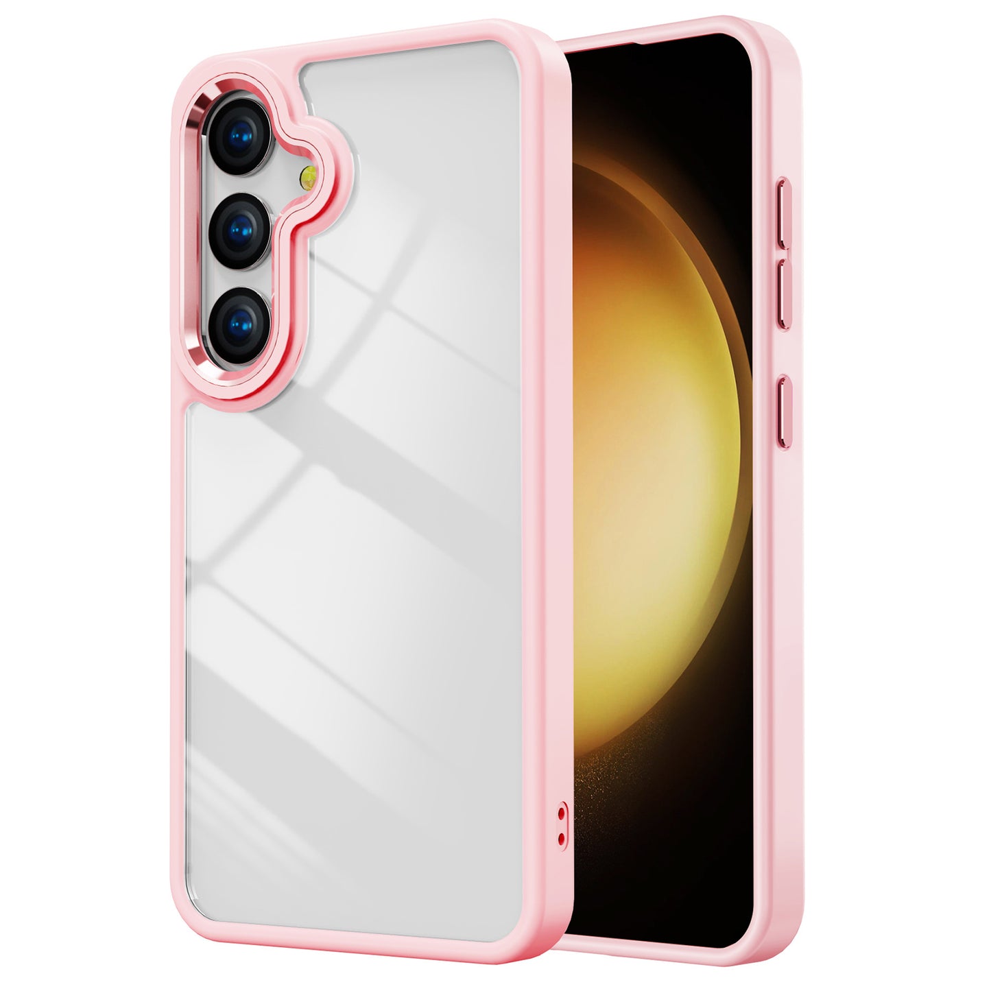 For Samsung Galaxy S24+ Cell Phone Case TPU+Acrylic Clear Cover with Metal Button Cover - Pink