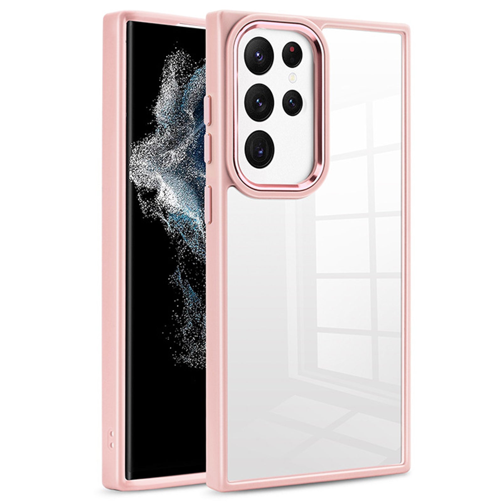 For Samsung Galaxy S24 Ultra Case TPU+Acrylic Clear Phone Back Shell with Metal Button Cover - Pink