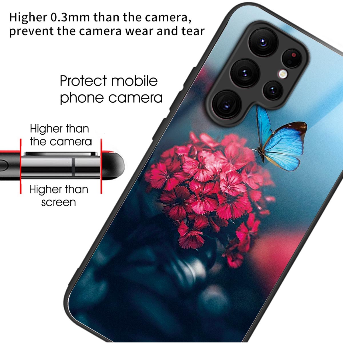 For Samsung Galaxy S24 Ultra Case Tempered Glass+TPU Pattern Printing Phone Cover - Flower / Butterfly