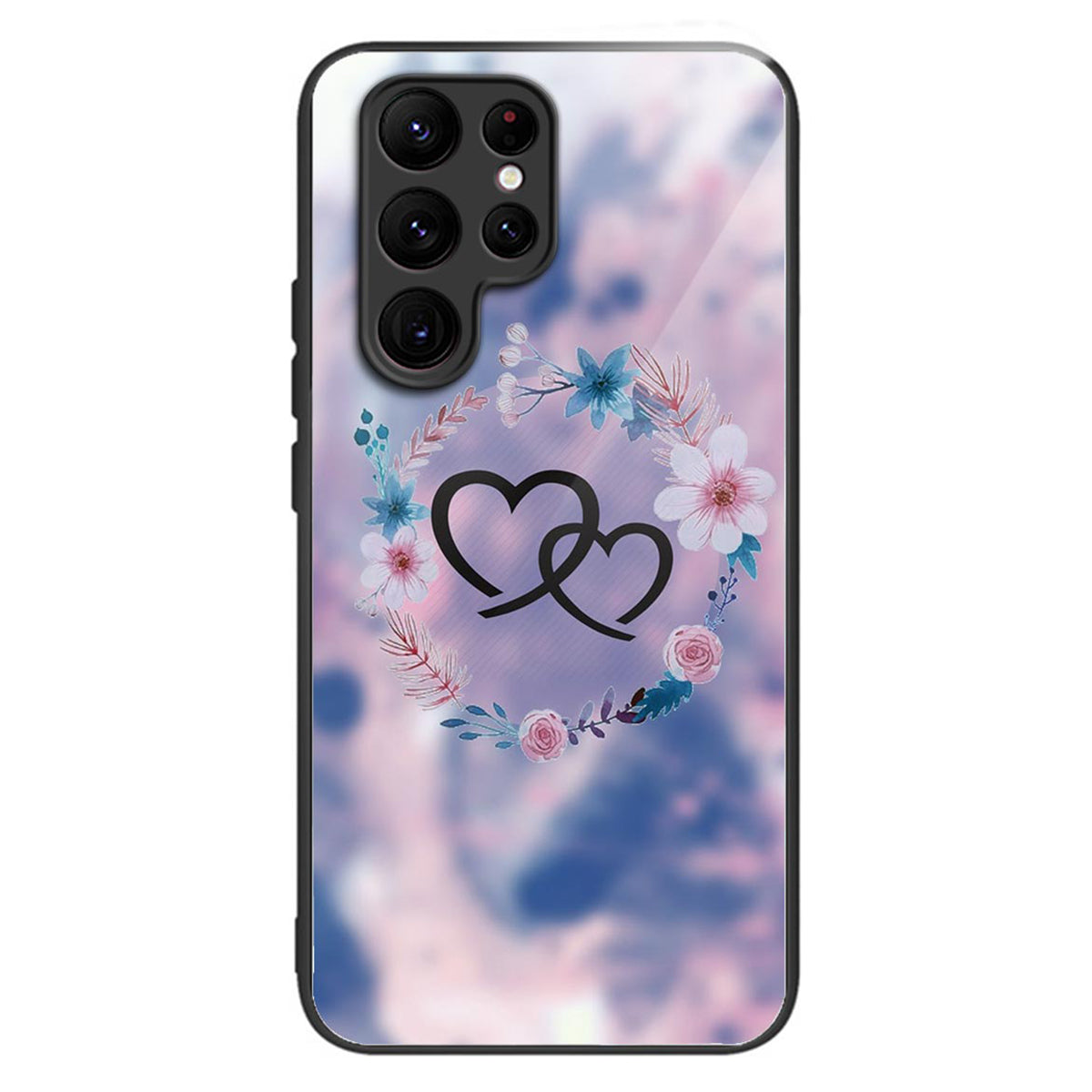 For Samsung Galaxy S24 Ultra Case Tempered Glass+TPU Pattern Printing Phone Cover - Heart to Heart / Flower