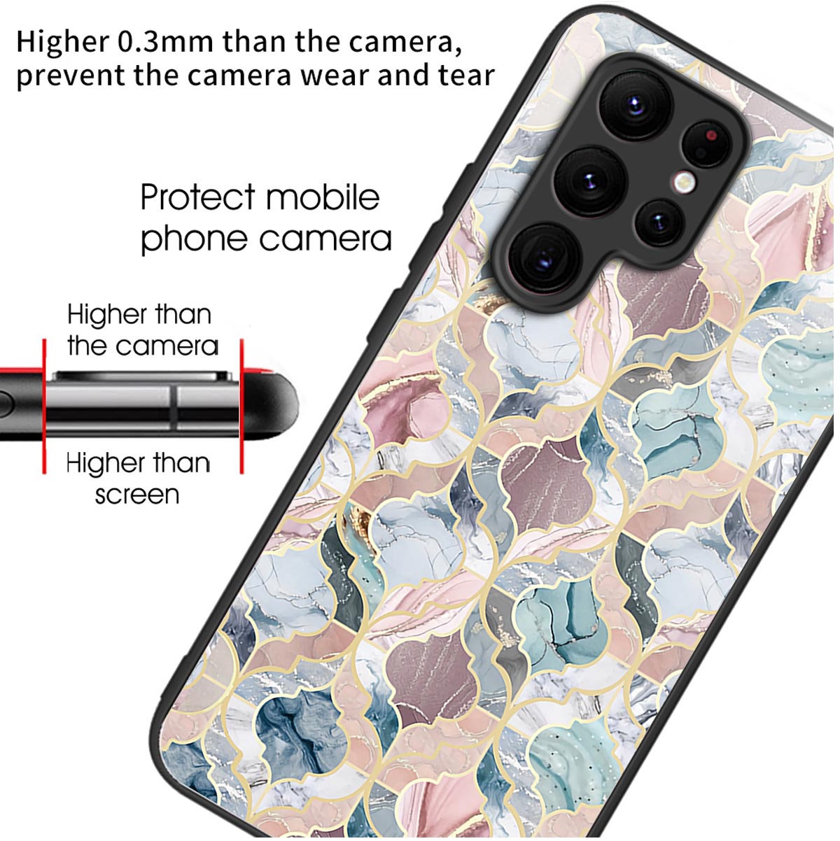For Samsung Galaxy S24 Ultra Case Tempered Glass+TPU Pattern Printing Phone Cover - Tile Marble