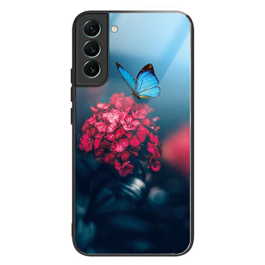 For Samsung Galaxy S24 Phone Case Tempered Glass+TPU Pattern Printed Back Cover - Flower / Butterfly