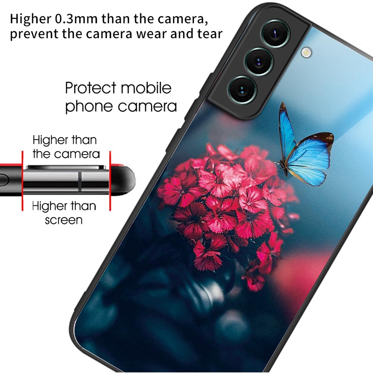 For Samsung Galaxy S24 Phone Case Tempered Glass+TPU Pattern Printed Back Cover - Flower / Butterfly