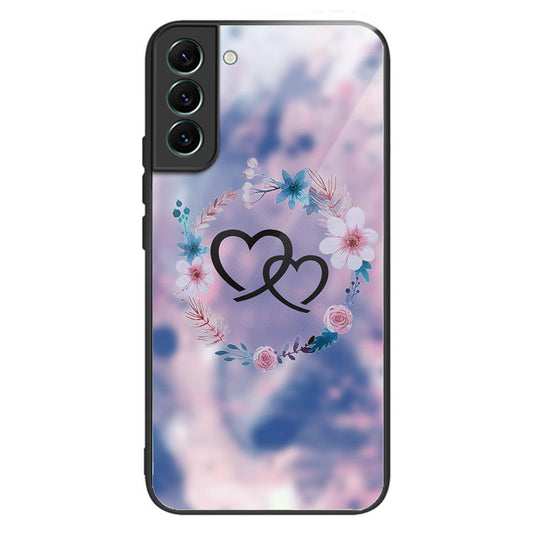 For Samsung Galaxy S24 Phone Case Tempered Glass+TPU Pattern Printed Back Cover - Heart to Heart / Flower