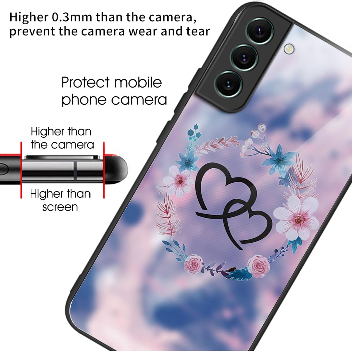 For Samsung Galaxy S24 Phone Case Tempered Glass+TPU Pattern Printed Back Cover - Heart to Heart / Flower
