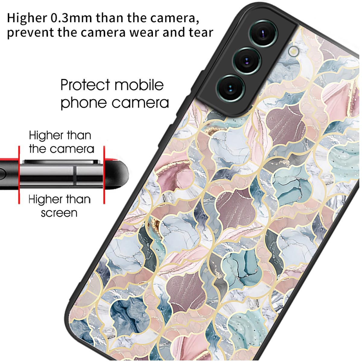 For Samsung Galaxy S24 Phone Case Tempered Glass+TPU Pattern Printed Back Cover - Tile Marble