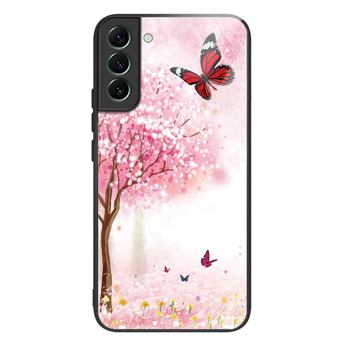 For Samsung Galaxy S24+ Phone Case Pattern Printing Tempered Glass+TPU Cover - Cherry Blossom Trees