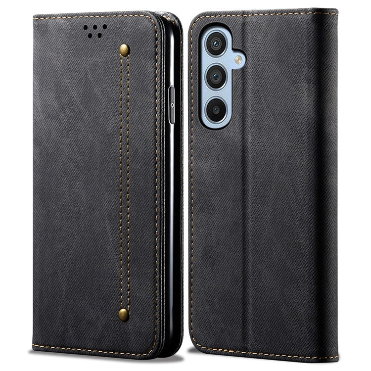 For Samsung Galaxy A35 5G Wallet Case Jeans Cloth Texture PU Leather Cover - Black