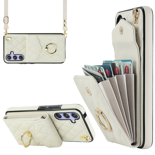 For Samsung Galaxy S24 Case Card Bag Leather+TPU Crossbody Cover with Ring Kickstand - Beige