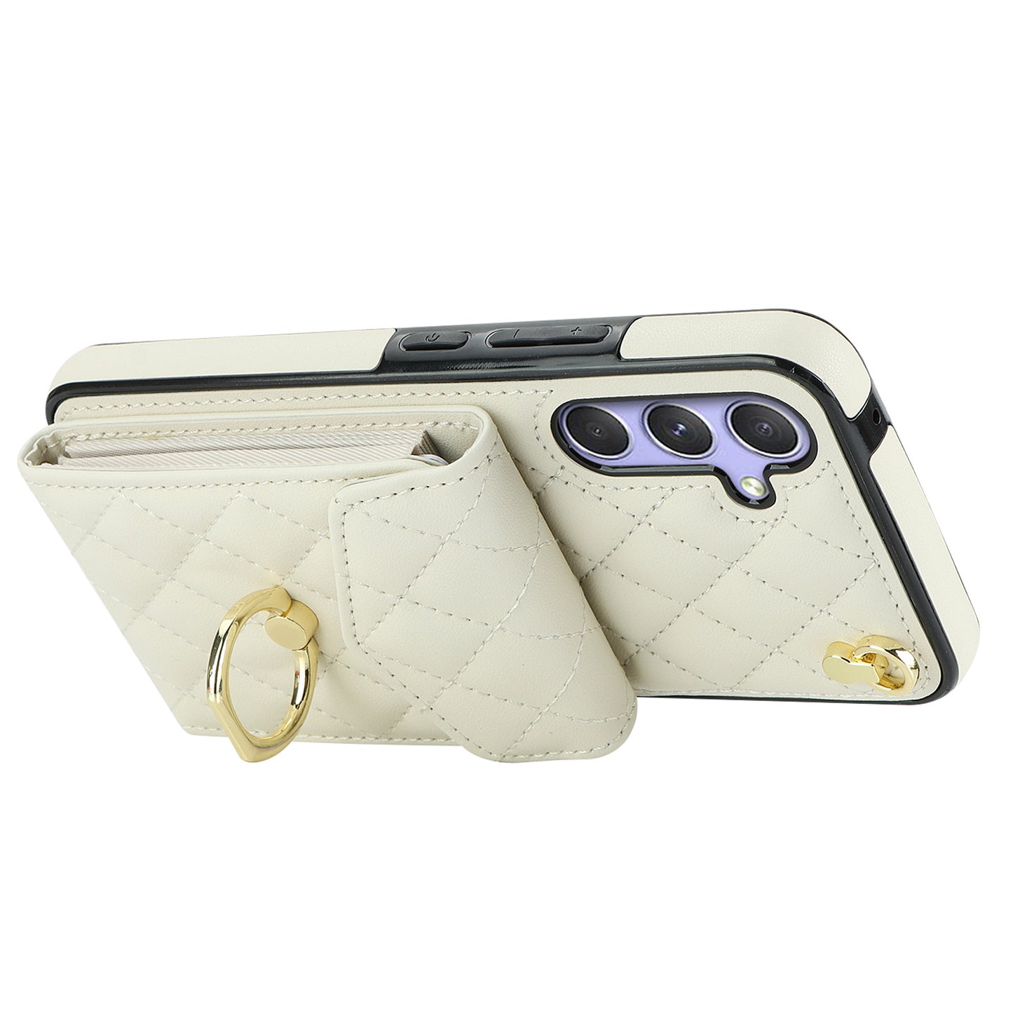 For Samsung Galaxy S24 Case Card Bag Leather+TPU Crossbody Cover with Ring Kickstand - Beige
