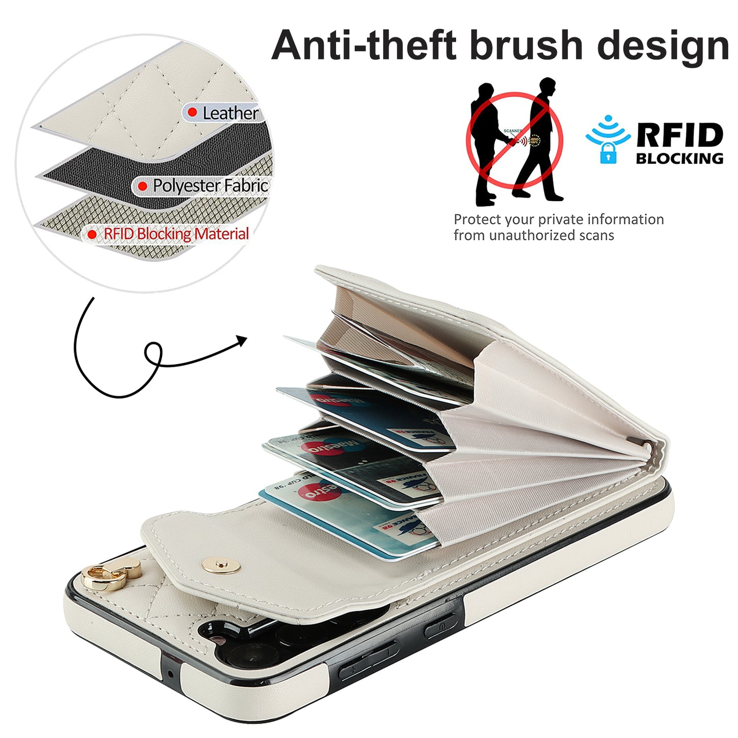 For Samsung Galaxy S24 Case Card Bag Leather+TPU Crossbody Cover with Ring Kickstand - Beige
