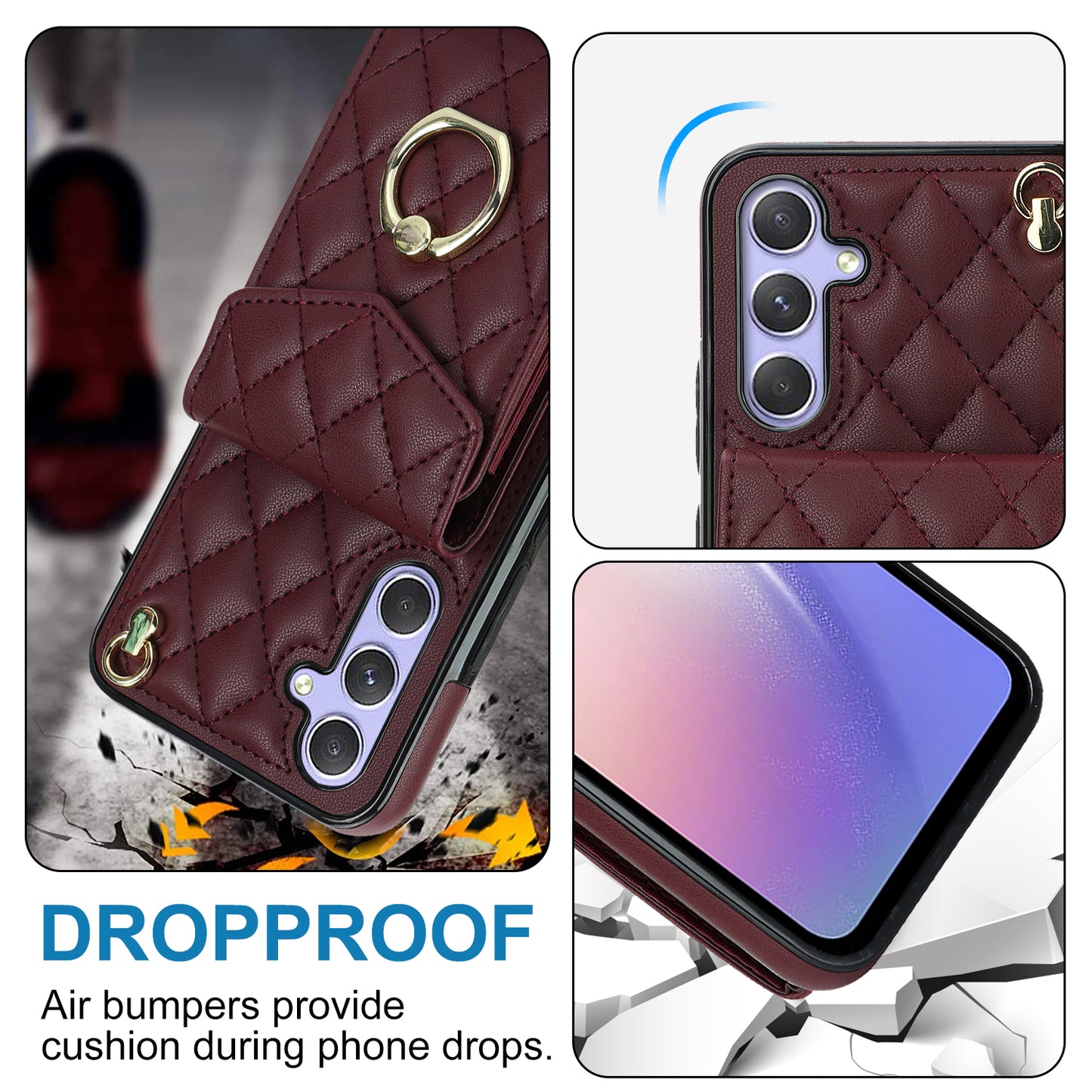 For Samsung Galaxy S24 Case Card Bag Leather+TPU Crossbody Cover with Ring Kickstand - Wine Red