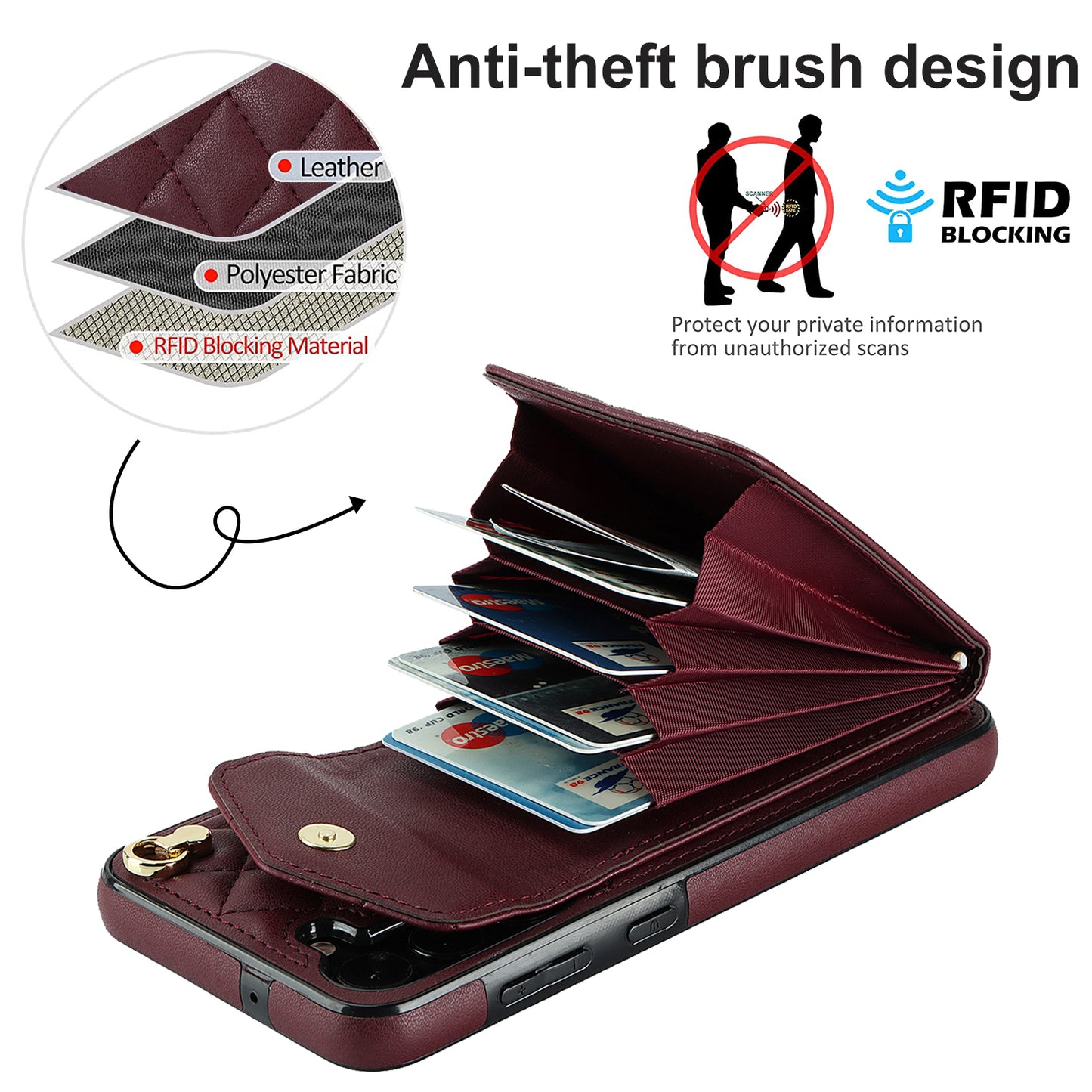 For Samsung Galaxy S24 Case Card Bag Leather+TPU Crossbody Cover with Ring Kickstand - Wine Red
