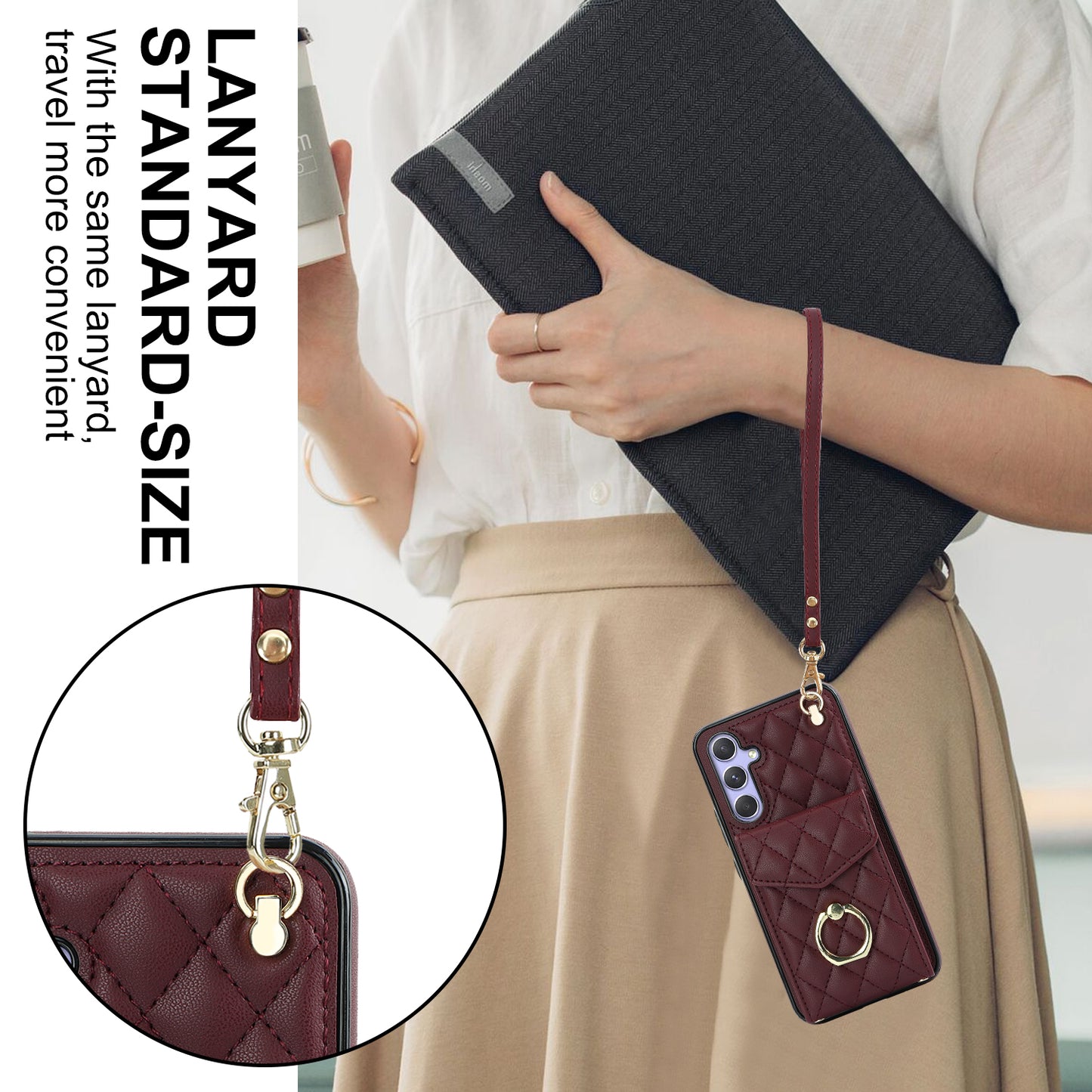 For Samsung Galaxy S24 Case Card Bag Leather+TPU Crossbody Cover with Ring Kickstand - Wine Red