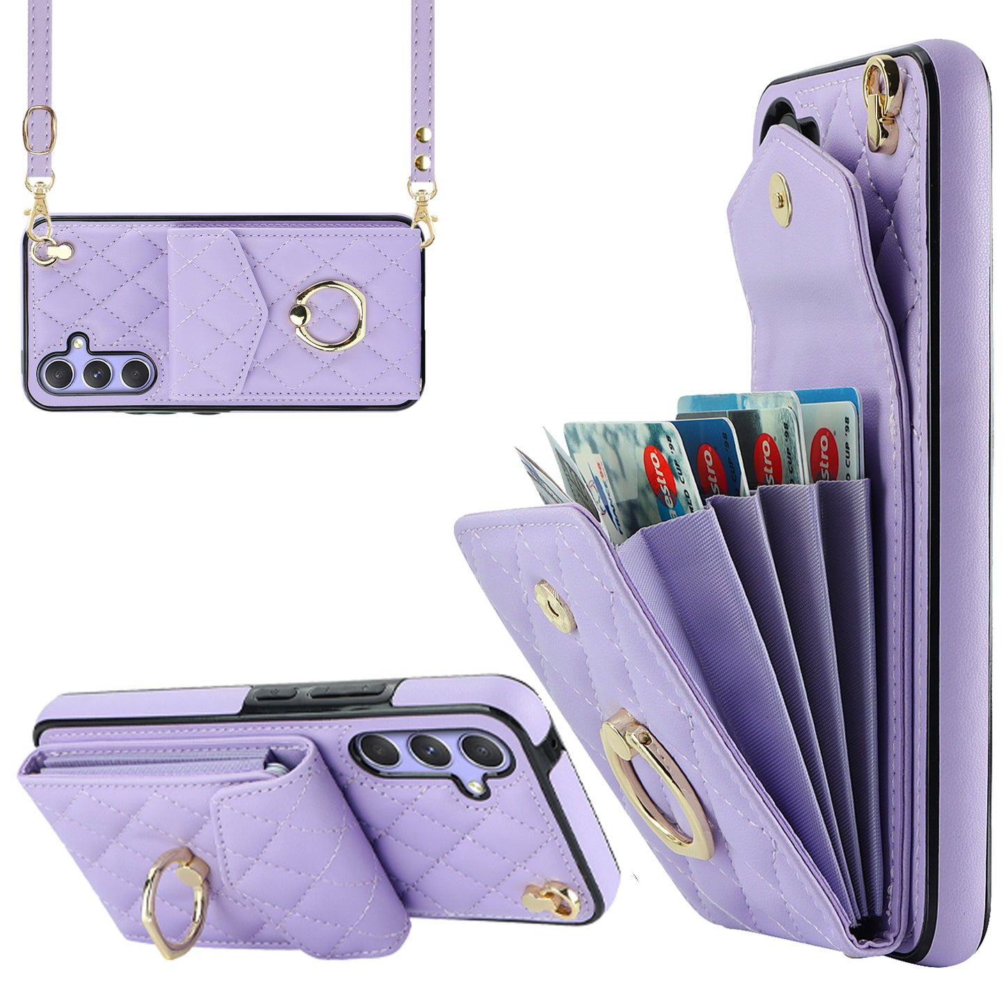 For Samsung Galaxy S24 Case Card Bag Leather+TPU Crossbody Cover with Ring Kickstand - Purple
