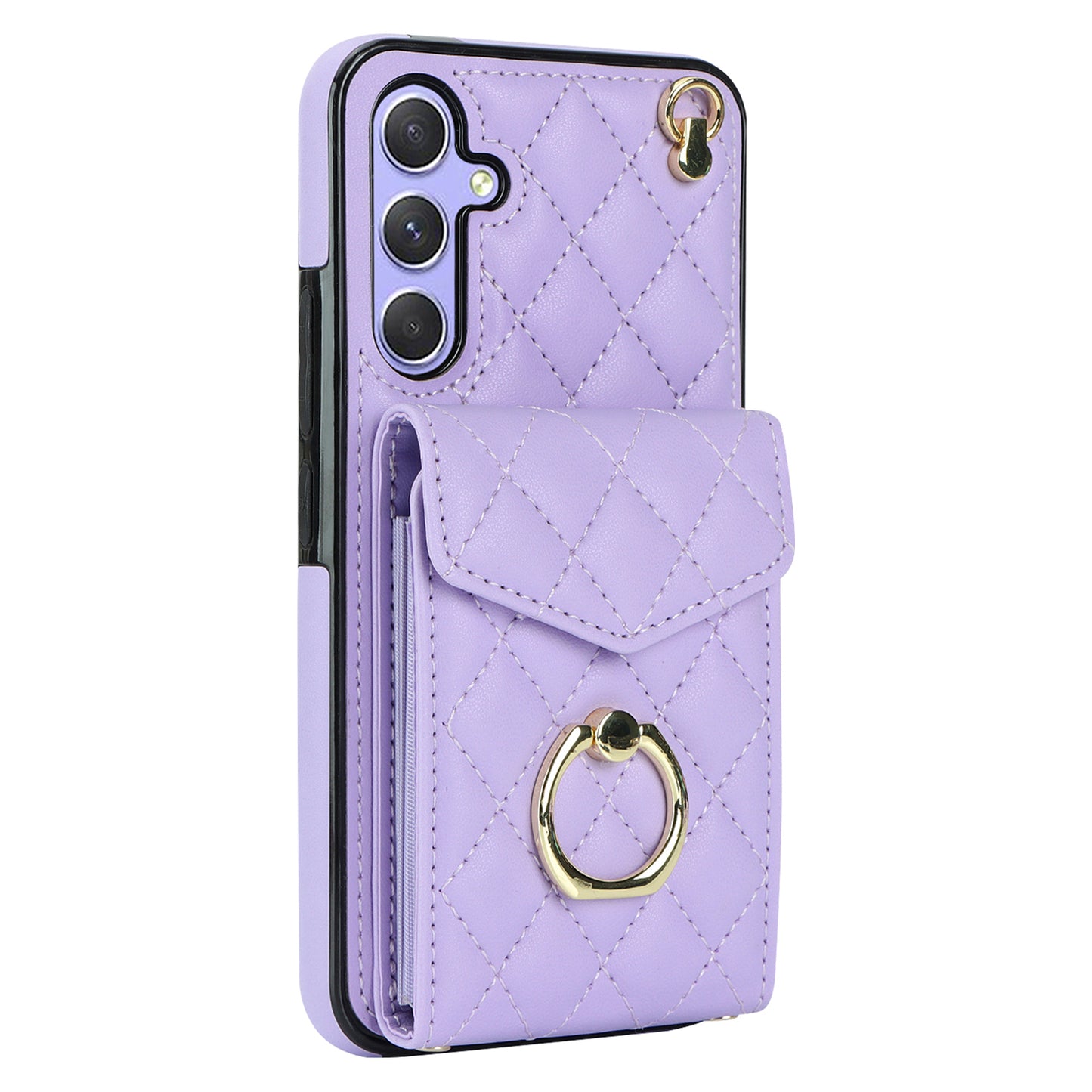 For Samsung Galaxy S24 Case Card Bag Leather+TPU Crossbody Cover with Ring Kickstand - Purple