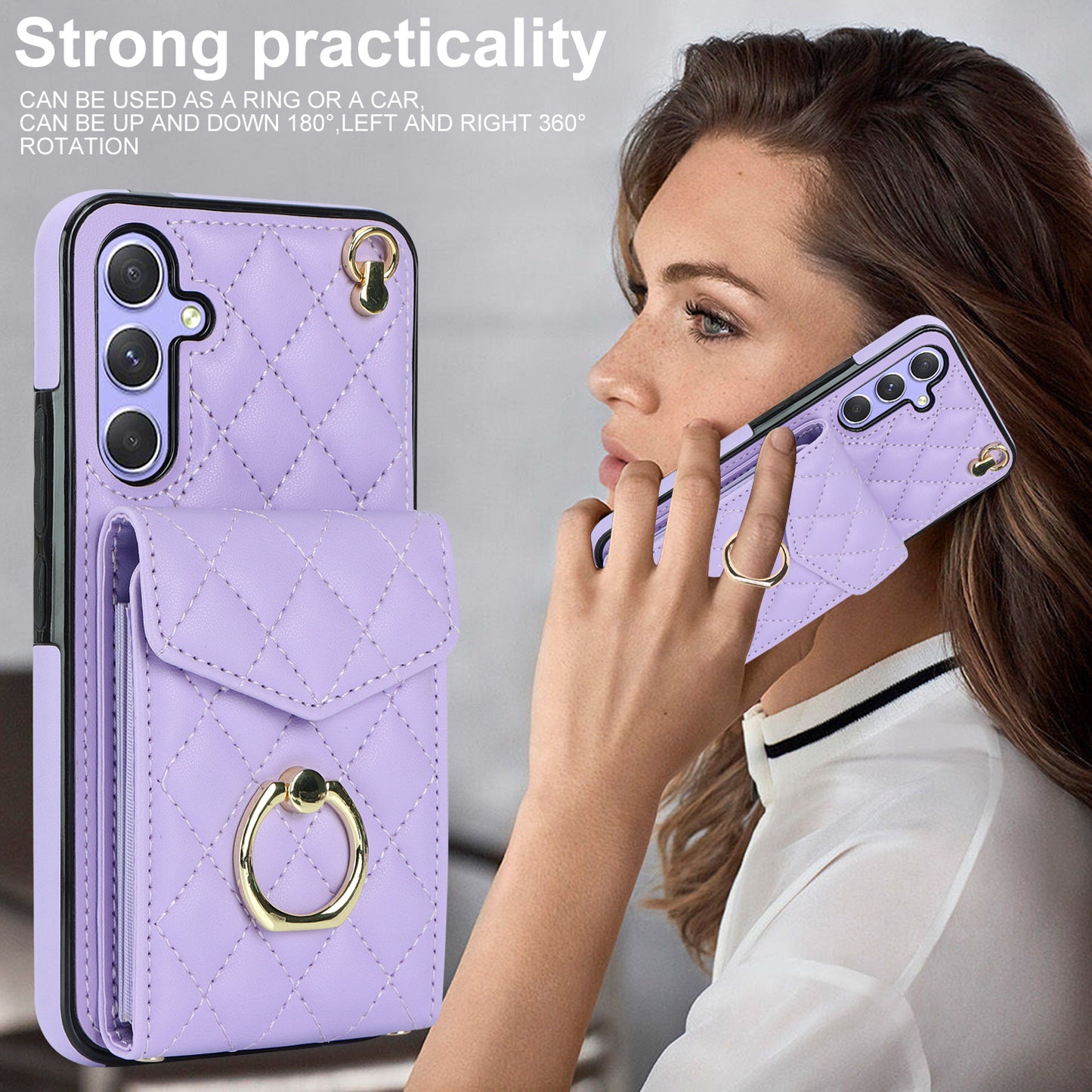 For Samsung Galaxy S24 Case Card Bag Leather+TPU Crossbody Cover with Ring Kickstand - Purple