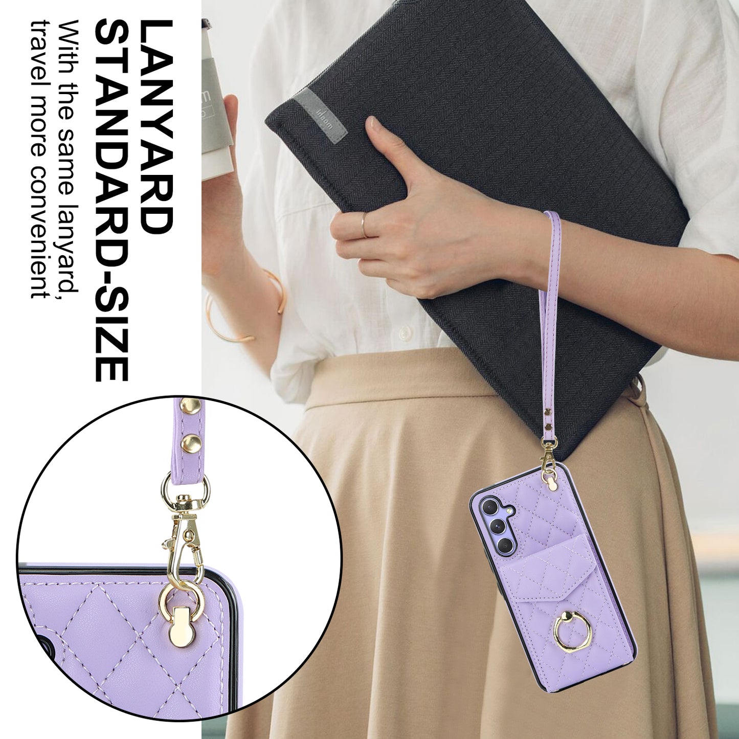 For Samsung Galaxy S24 Case Card Bag Leather+TPU Crossbody Cover with Ring Kickstand - Purple