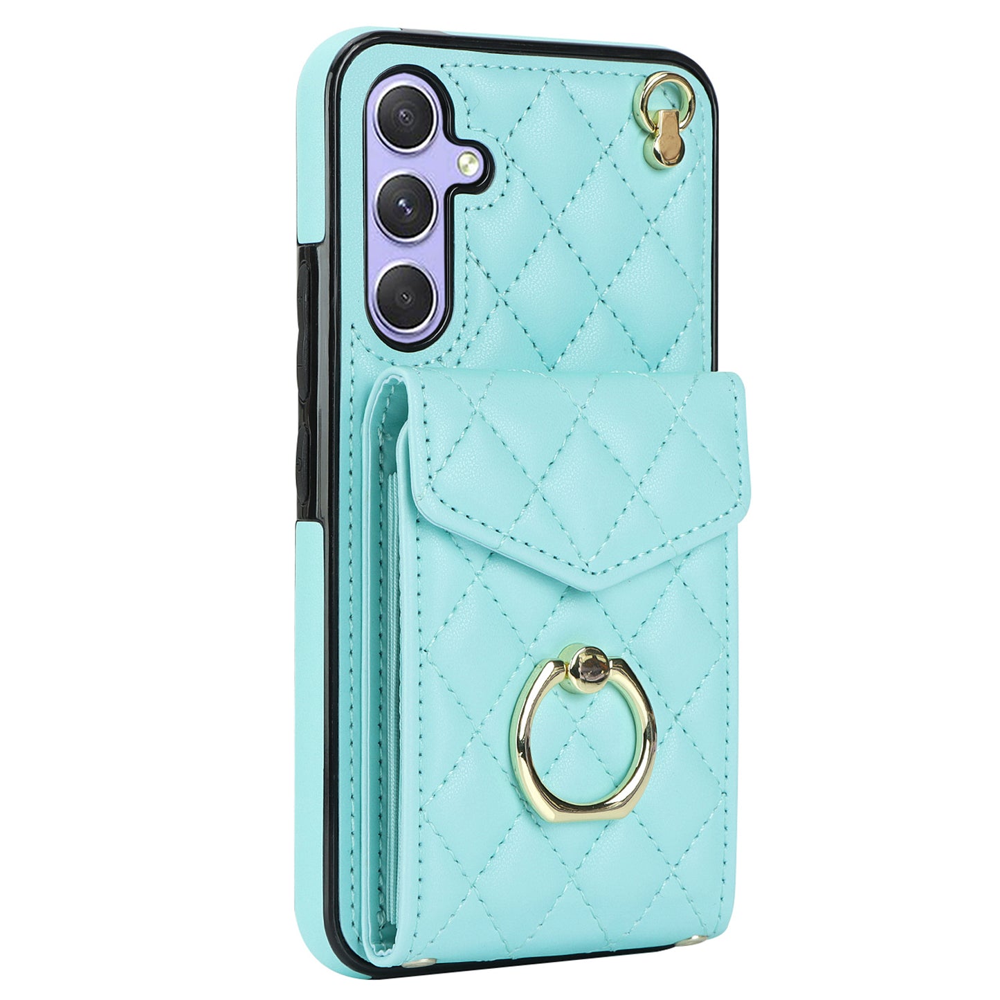 For Samsung Galaxy S24 Case Card Bag Leather+TPU Crossbody Cover with Ring Kickstand - Mint Green