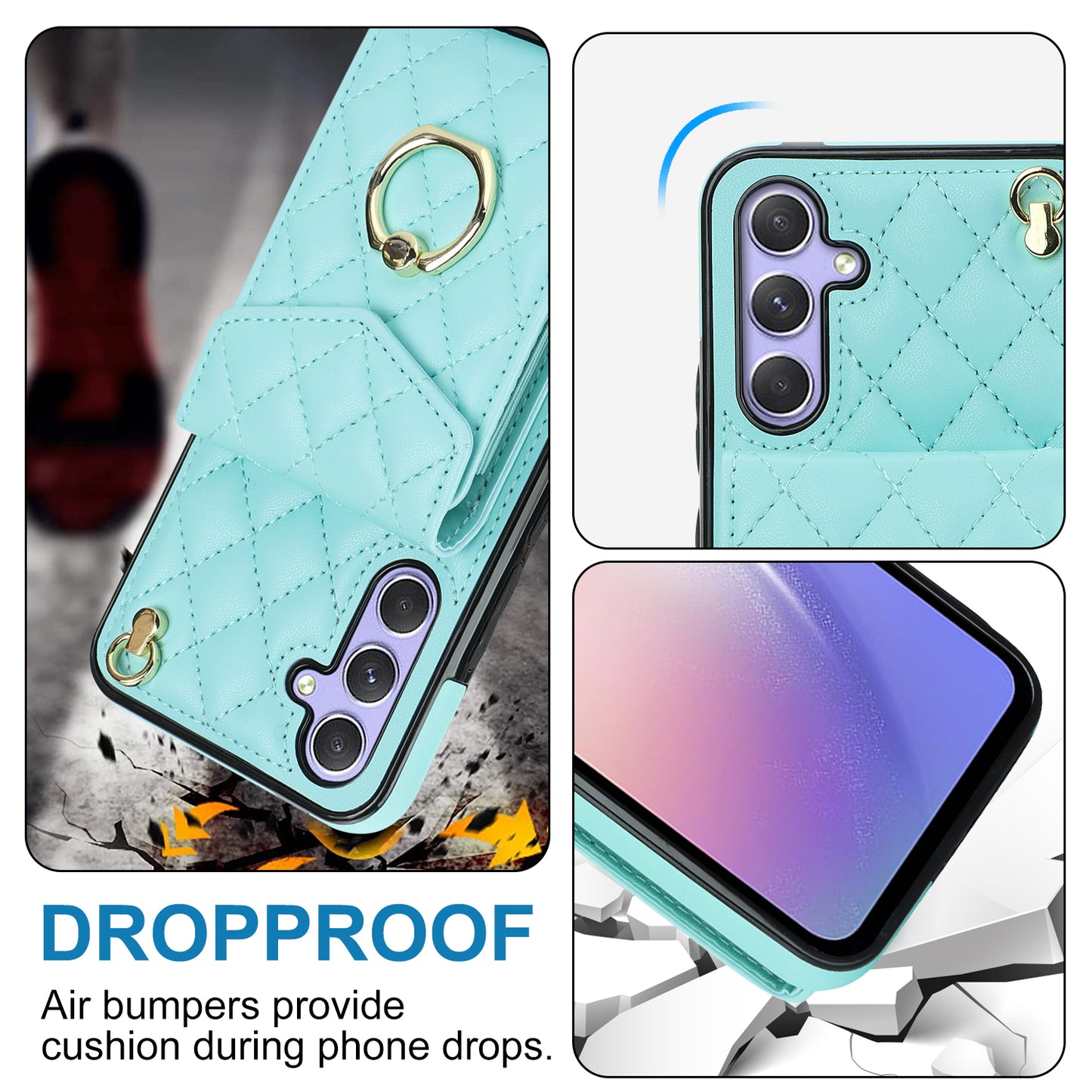 For Samsung Galaxy S24 Case Card Bag Leather+TPU Crossbody Cover with Ring Kickstand - Mint Green
