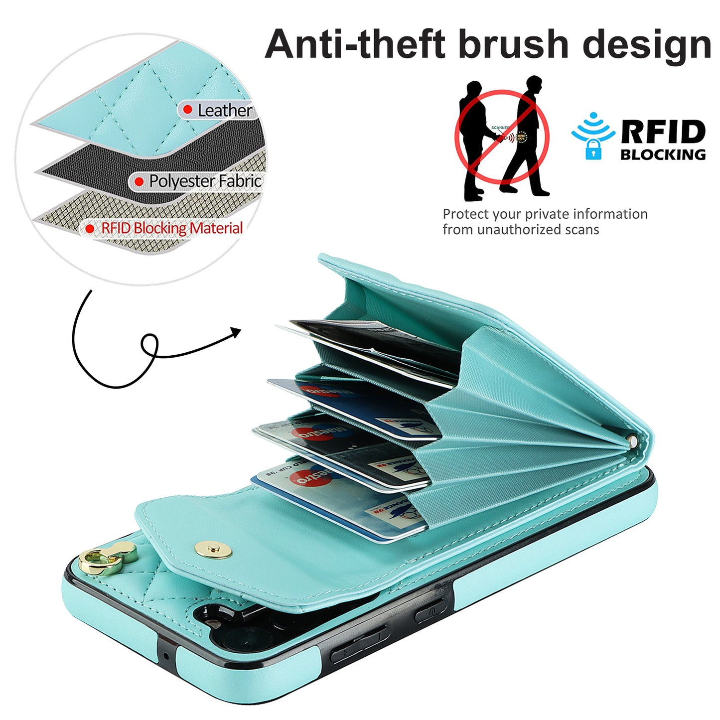 For Samsung Galaxy S24 Case Card Bag Leather+TPU Crossbody Cover with Ring Kickstand - Mint Green
