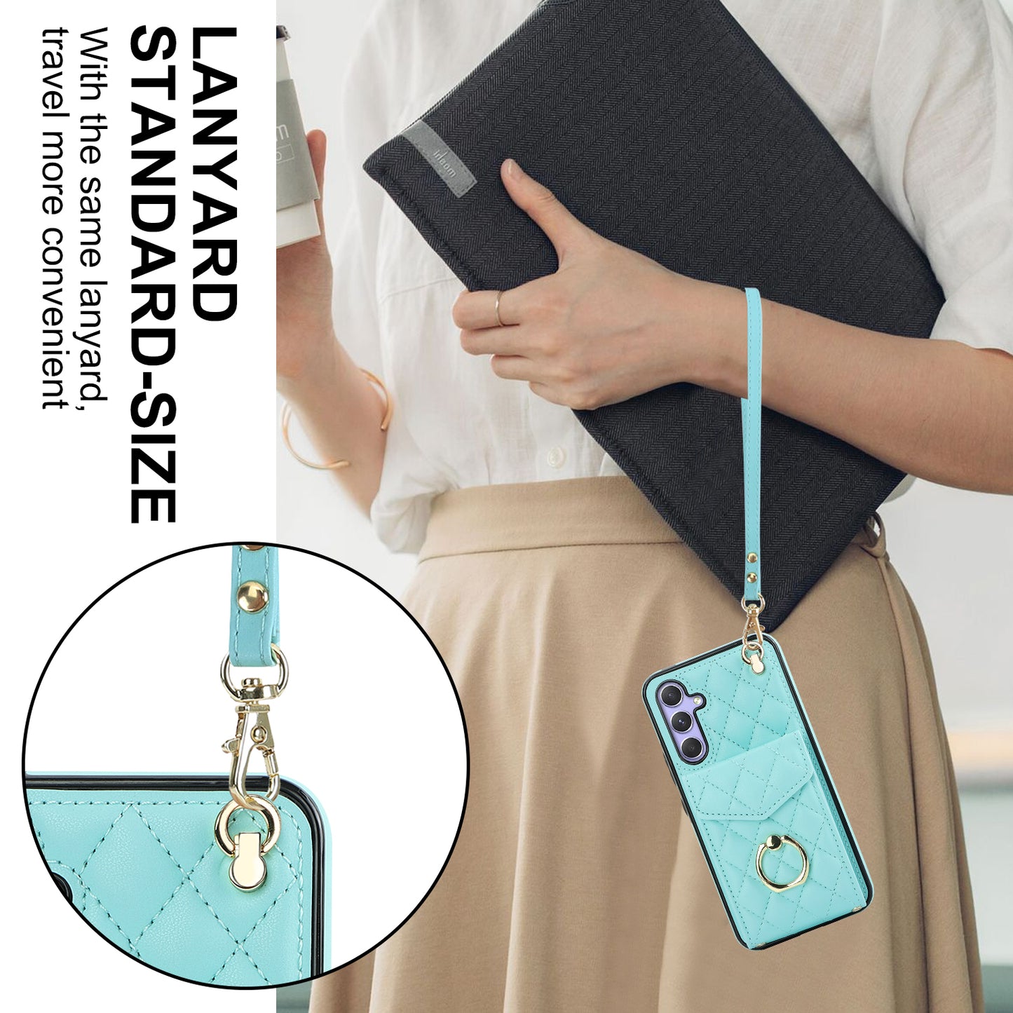 For Samsung Galaxy S24 Case Card Bag Leather+TPU Crossbody Cover with Ring Kickstand - Mint Green