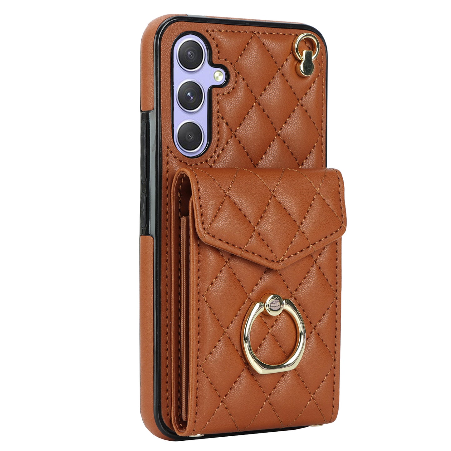 For Samsung Galaxy S24 Case Card Bag Leather+TPU Crossbody Cover with Ring Kickstand - Brown