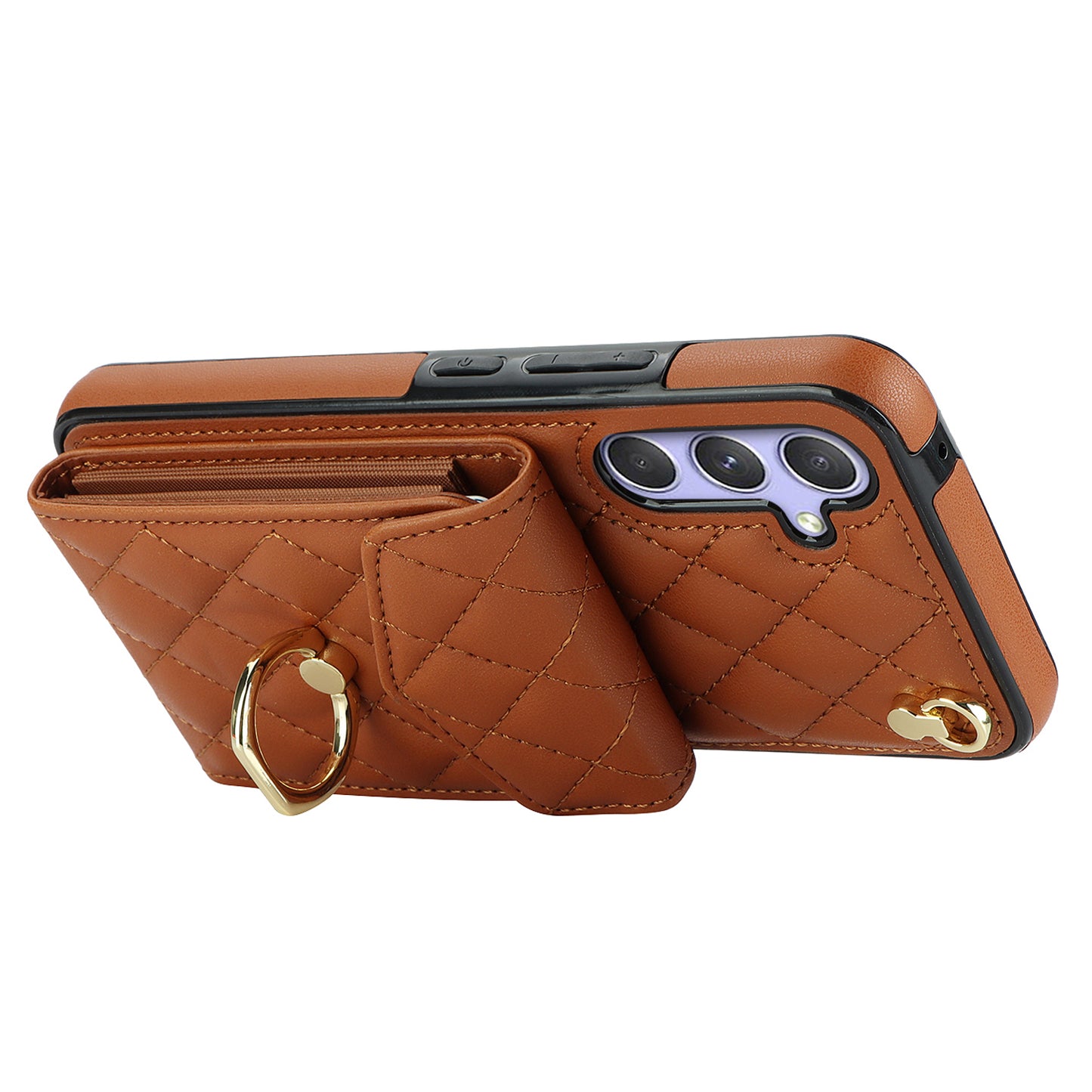 For Samsung Galaxy S24 Case Card Bag Leather+TPU Crossbody Cover with Ring Kickstand - Brown