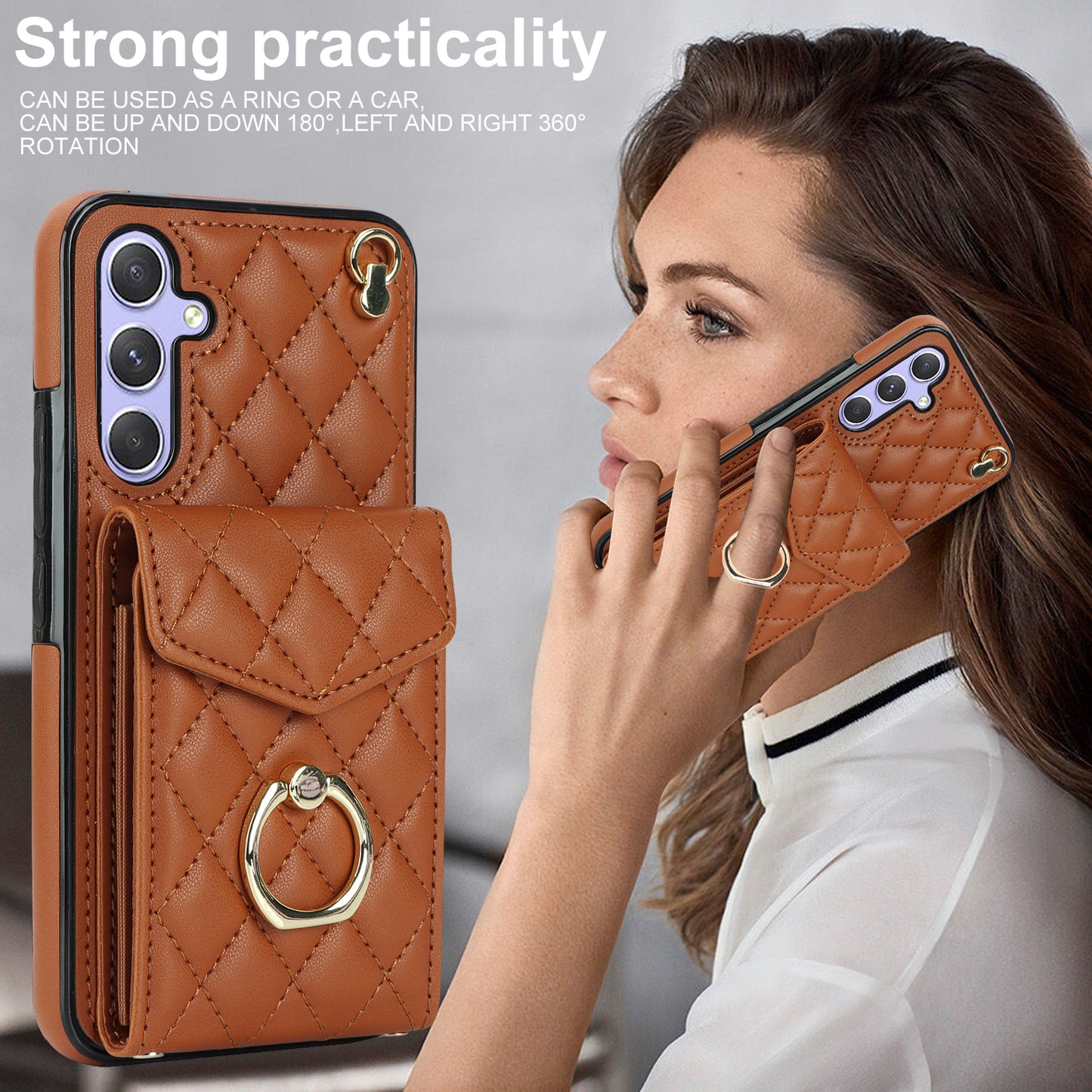 For Samsung Galaxy S24 Case Card Bag Leather+TPU Crossbody Cover with Ring Kickstand - Brown