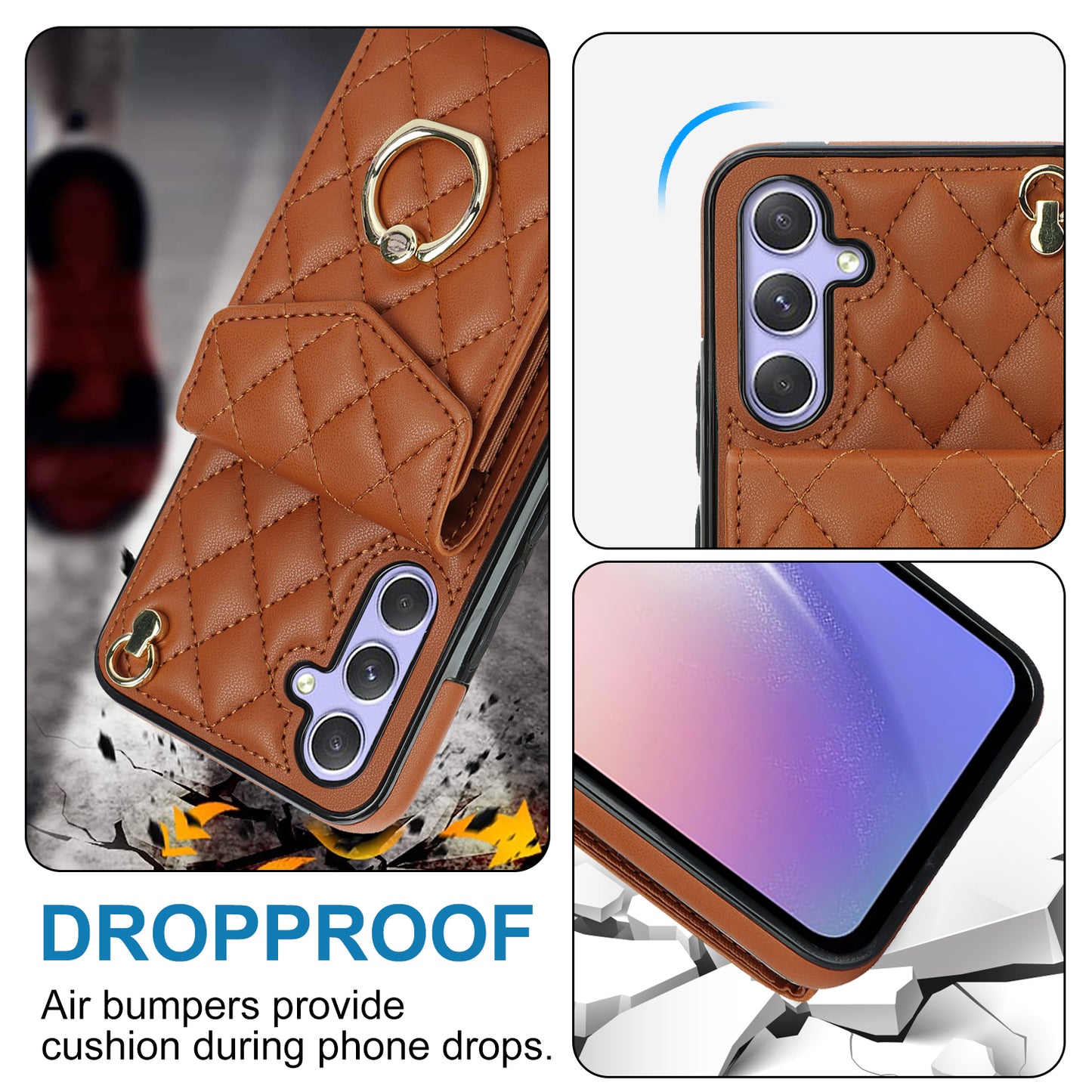 For Samsung Galaxy S24 Case Card Bag Leather+TPU Crossbody Cover with Ring Kickstand - Brown
