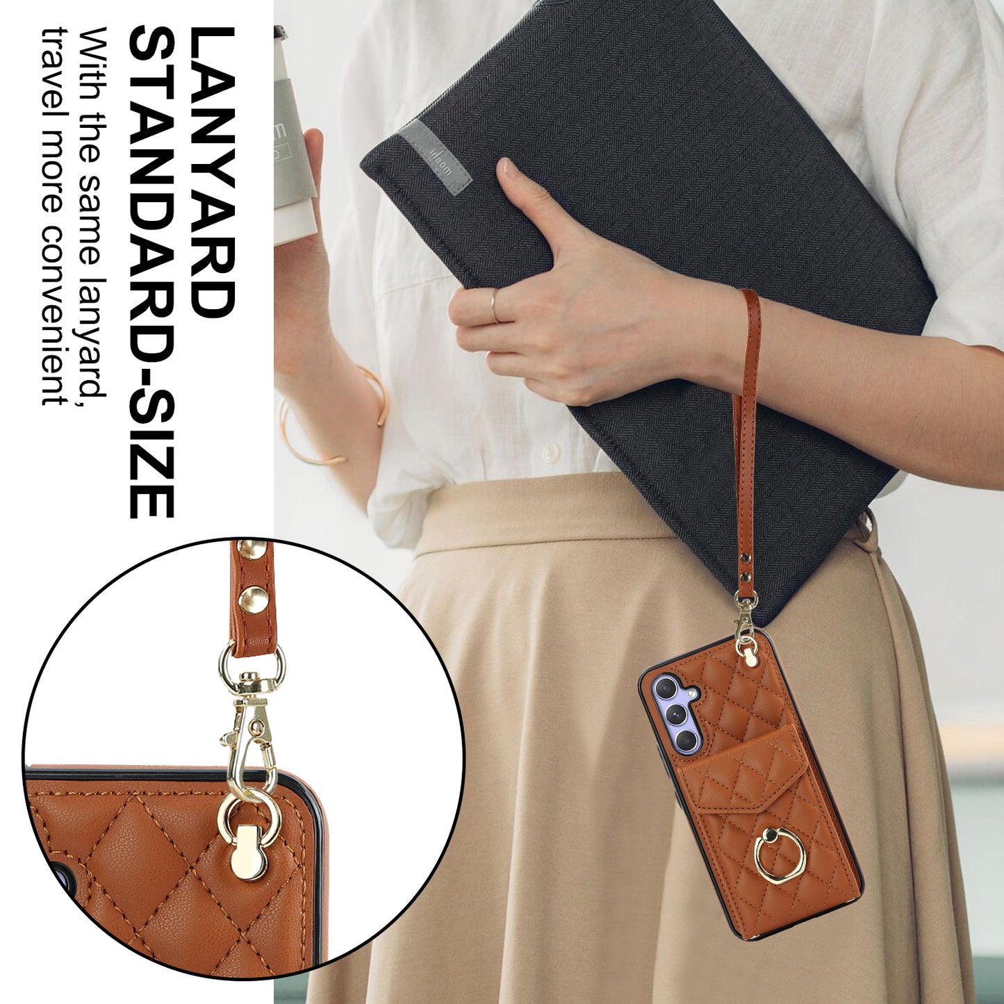 For Samsung Galaxy S24 Case Card Bag Leather+TPU Crossbody Cover with Ring Kickstand - Brown