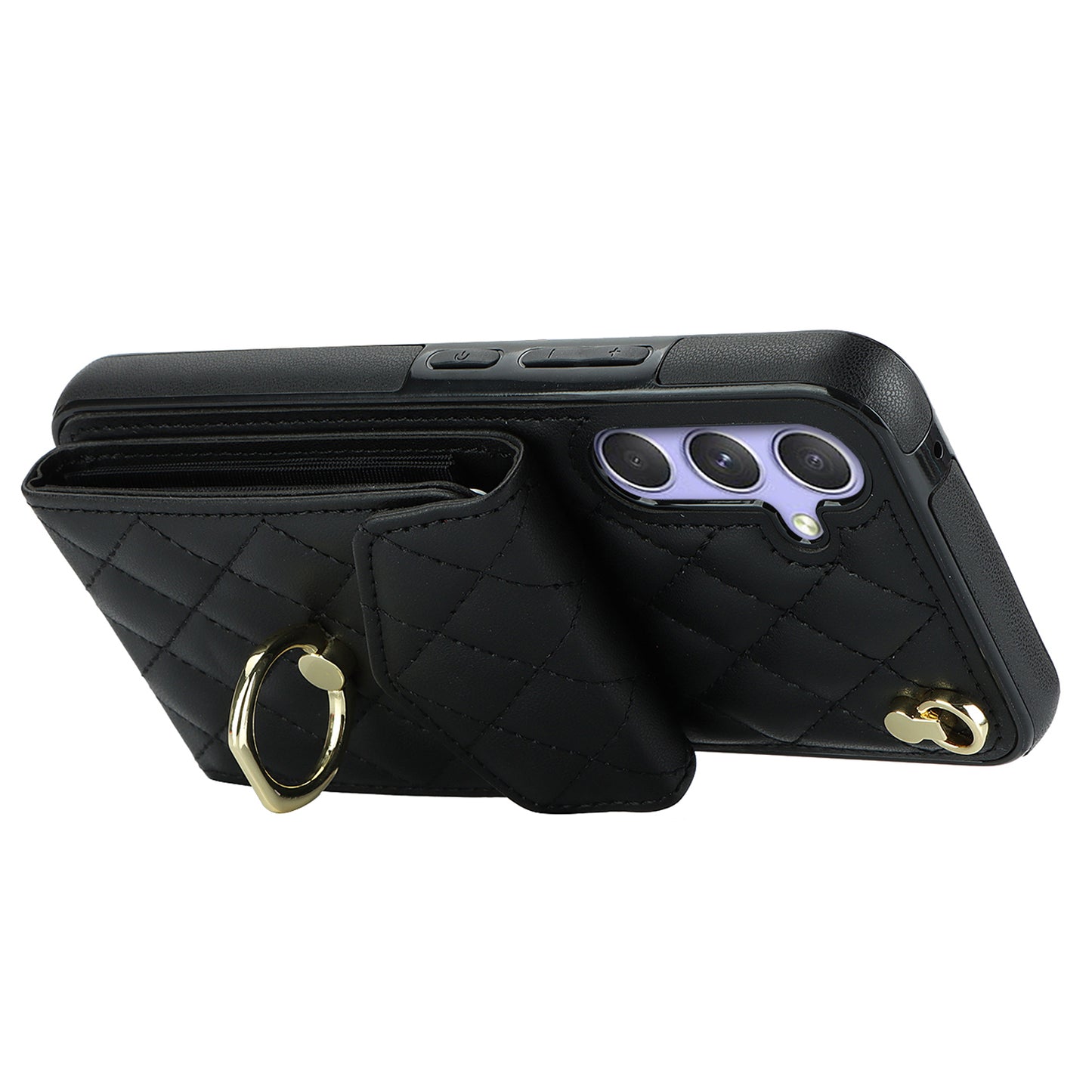 For Samsung Galaxy S24 Case Card Bag Leather+TPU Crossbody Cover with Ring Kickstand - Black