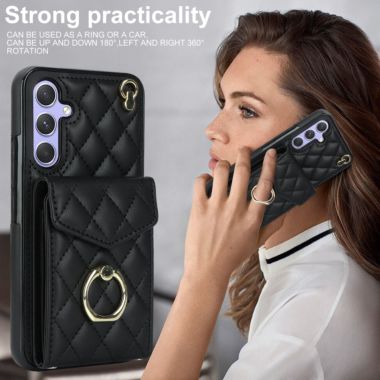 For Samsung Galaxy S24 Case Card Bag Leather+TPU Crossbody Cover with Ring Kickstand - Black