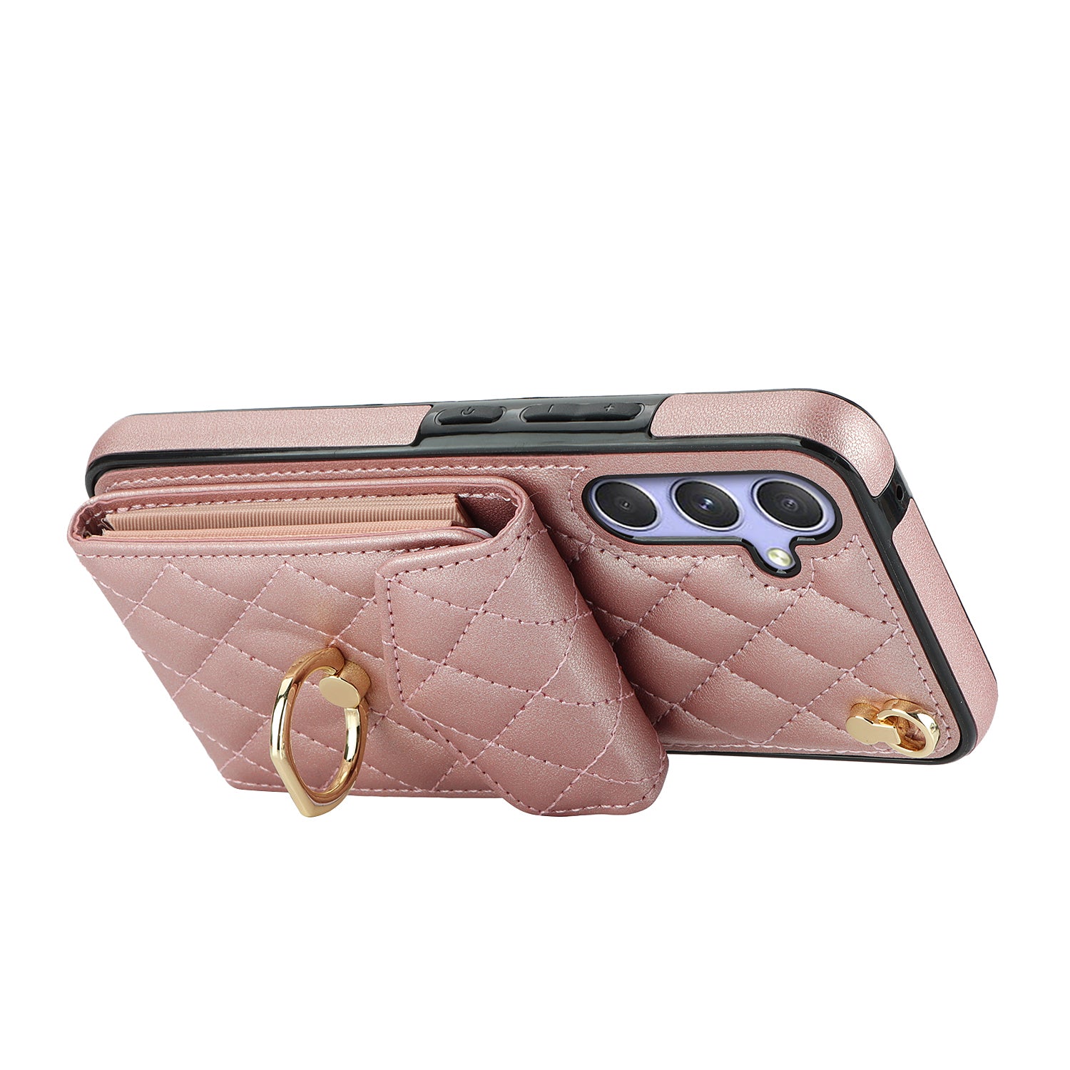 For Samsung Galaxy S24 Case Card Bag Leather+TPU Crossbody Cover with Ring Kickstand - Rose Gold