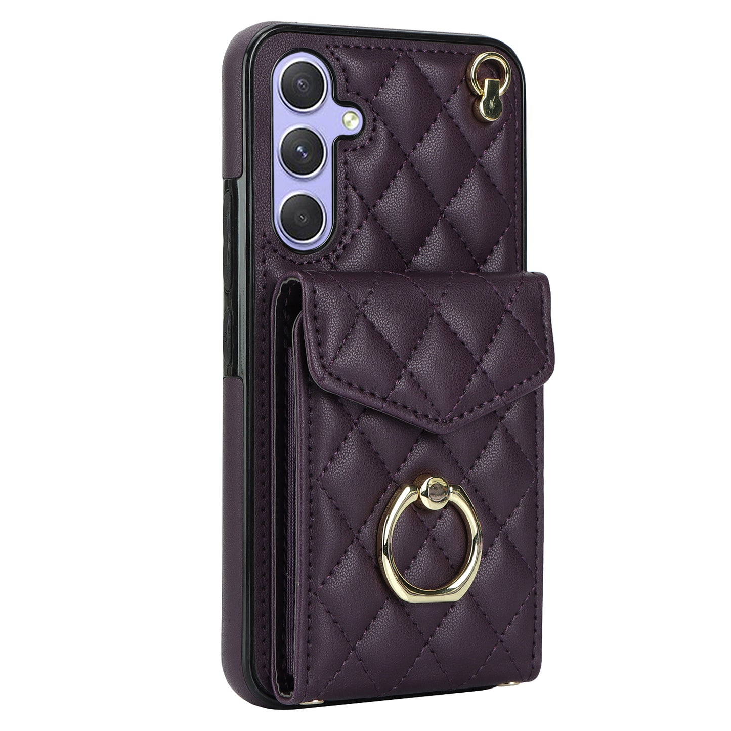 For Samsung Galaxy S24 Case Card Bag Leather+TPU Crossbody Cover with Ring Kickstand - Dark Purple