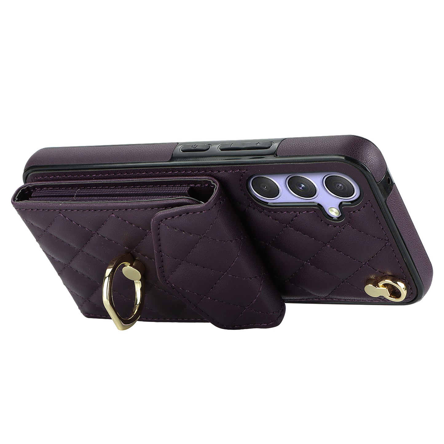 For Samsung Galaxy S24 Case Card Bag Leather+TPU Crossbody Cover with Ring Kickstand - Dark Purple